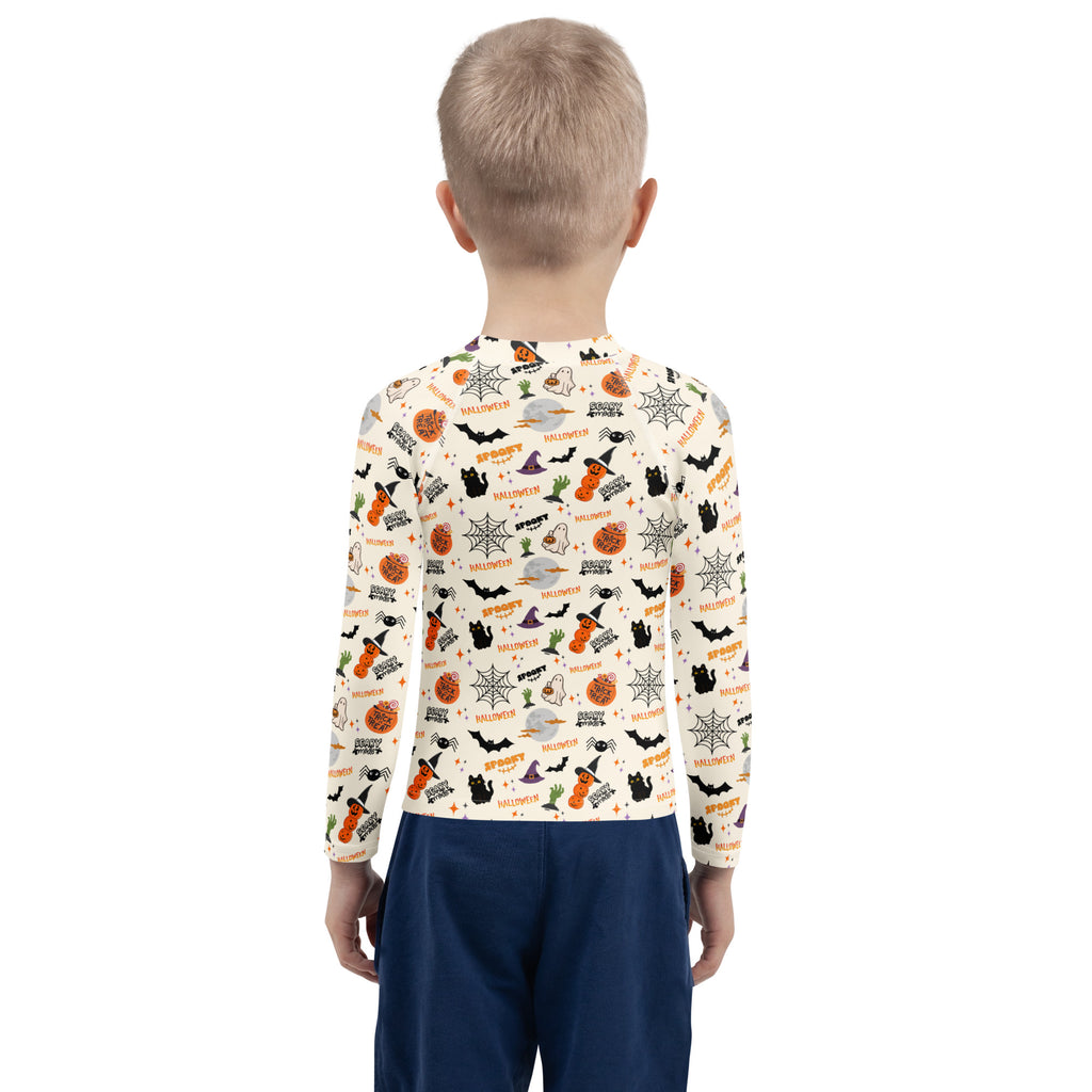 Kids Halloween Icons Long Sleeve Rash Guard Swim Shirt – Buttery Soft, Sun Safe UPF 50+ Protection, Quick Dry & 4-Way Stretch Comfort
