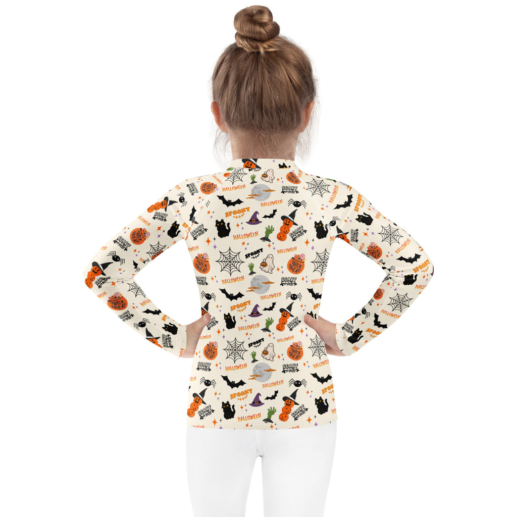 Kids Halloween Icons Long Sleeve Rash Guard Swim Shirt – Buttery Soft, Sun Safe UPF 50+ Protection, Quick Dry & 4-Way Stretch Comfort