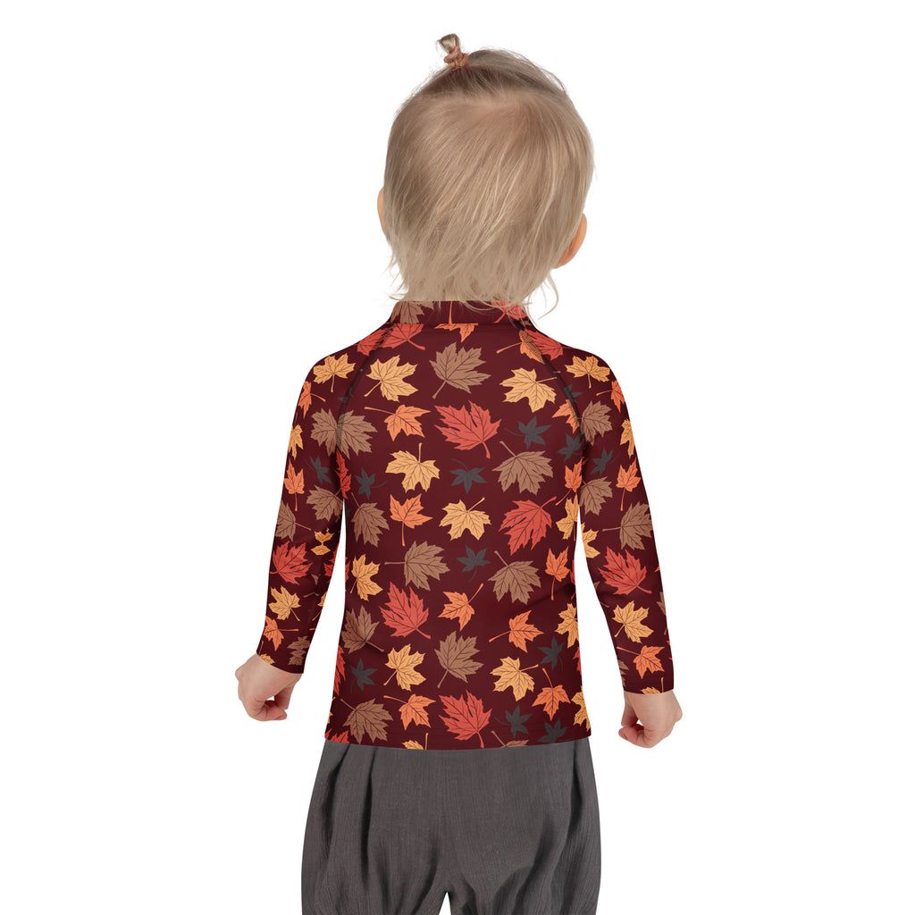 Kids Autumn Maple Leaves Long Sleeve Rash Guard Swim Shirt – Buttery Soft, Sun Safe UPF 50+ Protection, Quick Dry & 4-Way Stretch Comfort
