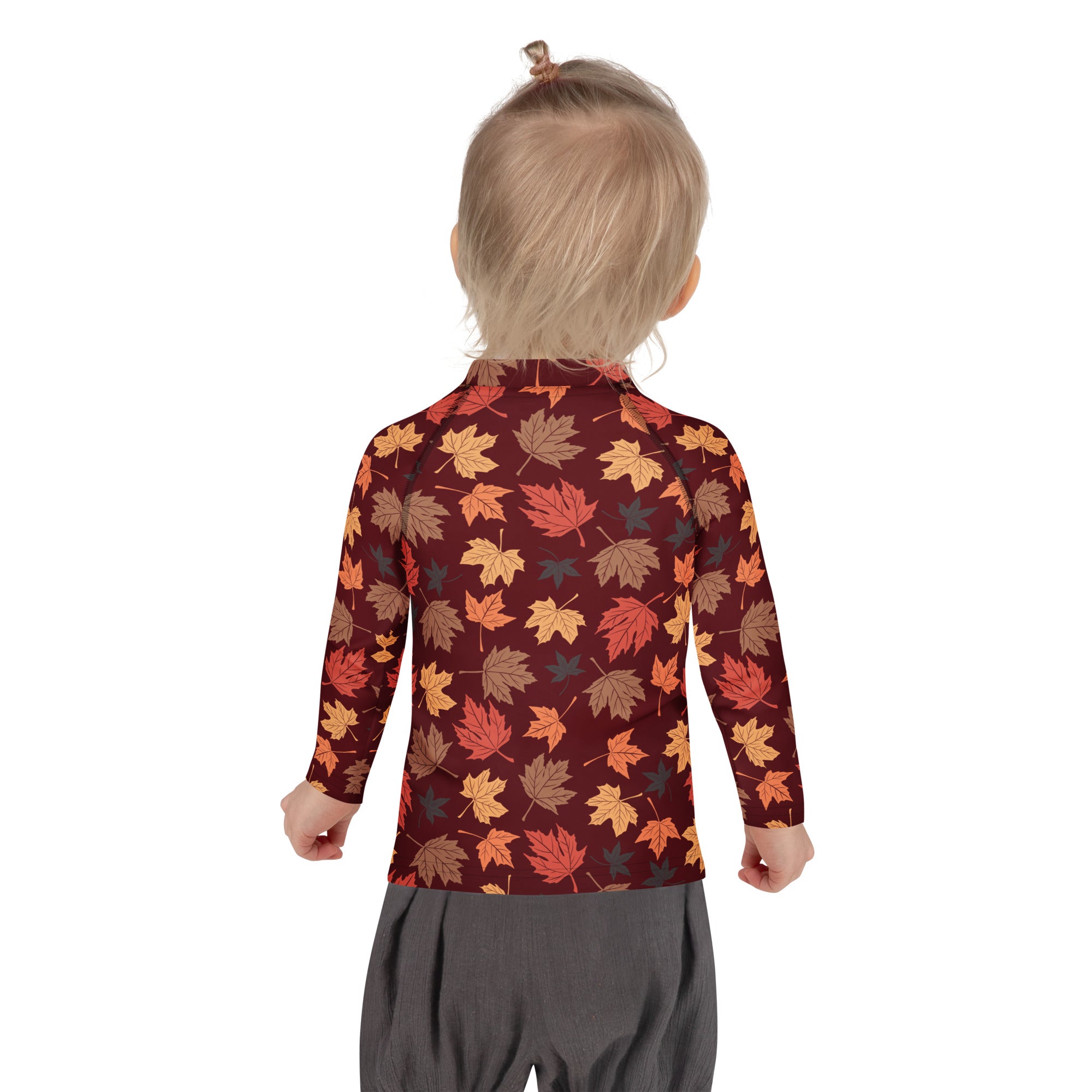 Kids Autumn Maple Leaves Long Sleeve Rash Guard Swim Shirt – Buttery Soft, Sun Safe UPF 50+ Protection, Quick Dry & 4-Way Stretch Comfort