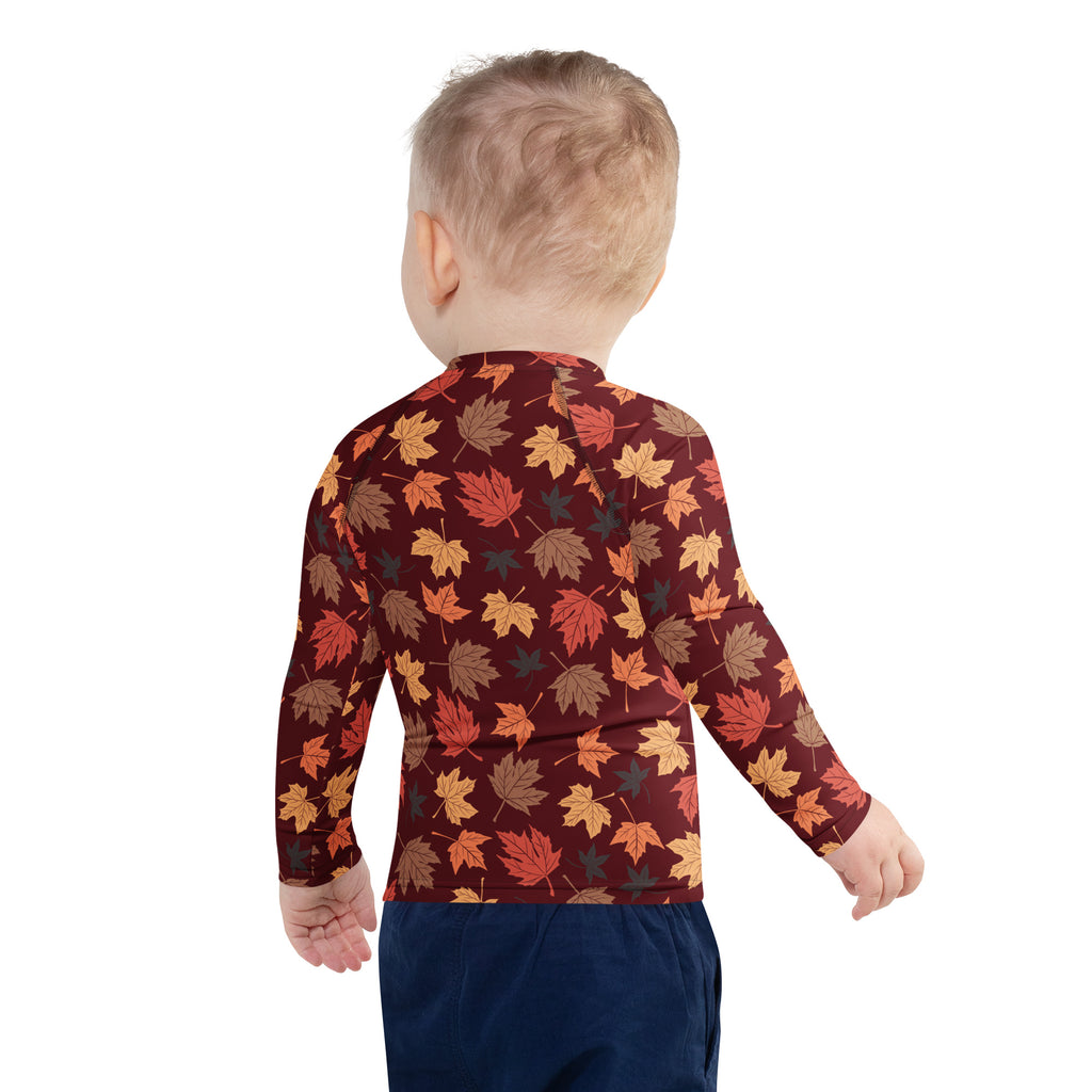 Kids Autumn Maple Leaves Long Sleeve Rash Guard Swim Shirt – Buttery Soft, Sun Safe UPF 50+ Protection, Quick Dry & 4-Way Stretch Comfort