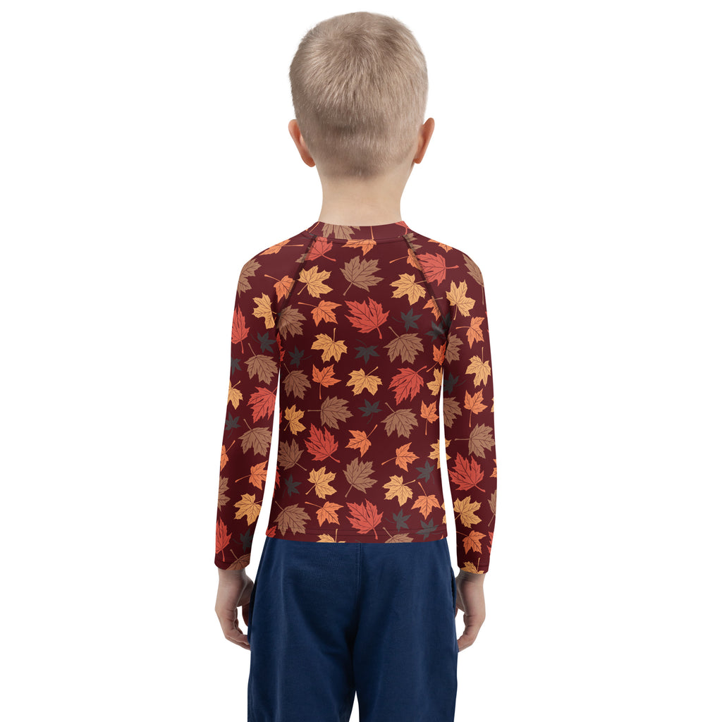 Kids Autumn Maple Leaves Long Sleeve Rash Guard Swim Shirt – Buttery Soft, Sun Safe UPF 50+ Protection, Quick Dry & 4-Way Stretch Comfort