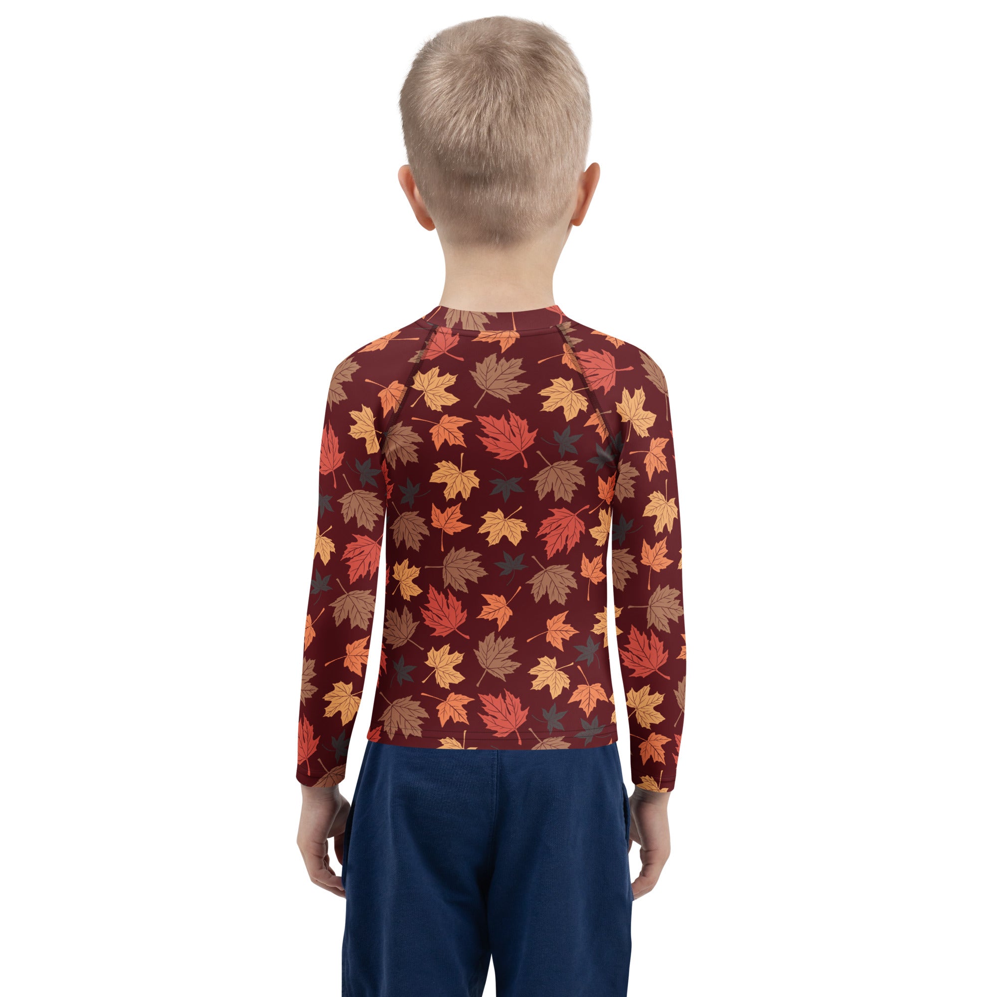 Kids Autumn Maple Leaves Long Sleeve Rash Guard Swim Shirt – Buttery Soft, Sun Safe UPF 50+ Protection, Quick Dry & 4-Way Stretch Comfort