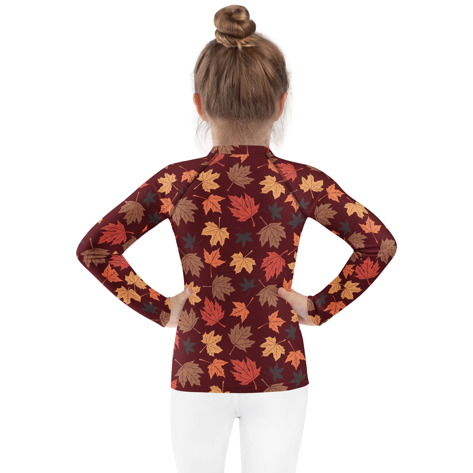 Kids Autumn Maple Leaves Long Sleeve Rash Guard Swim Shirt – Buttery Soft, Sun Safe UPF 50+ Protection, Quick Dry & 4-Way Stretch Comfort