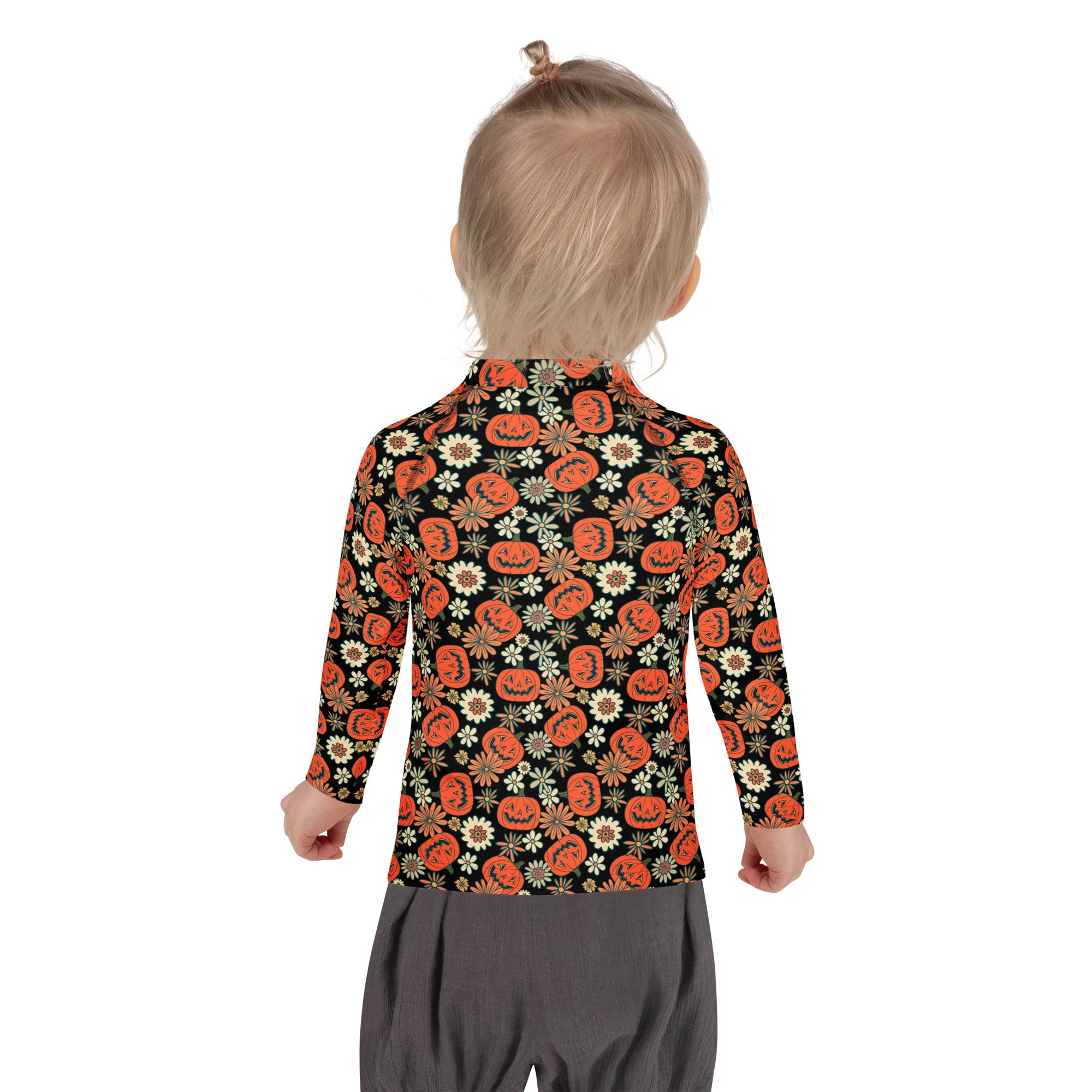 Kids Vintage Halloween Pumpkin Floral Long Sleeve Rash Guard Swim Shirt – Buttery Soft, Sun Safe UPF 50+ Protection, Quick Dry & 4-Way Stretch Comfort