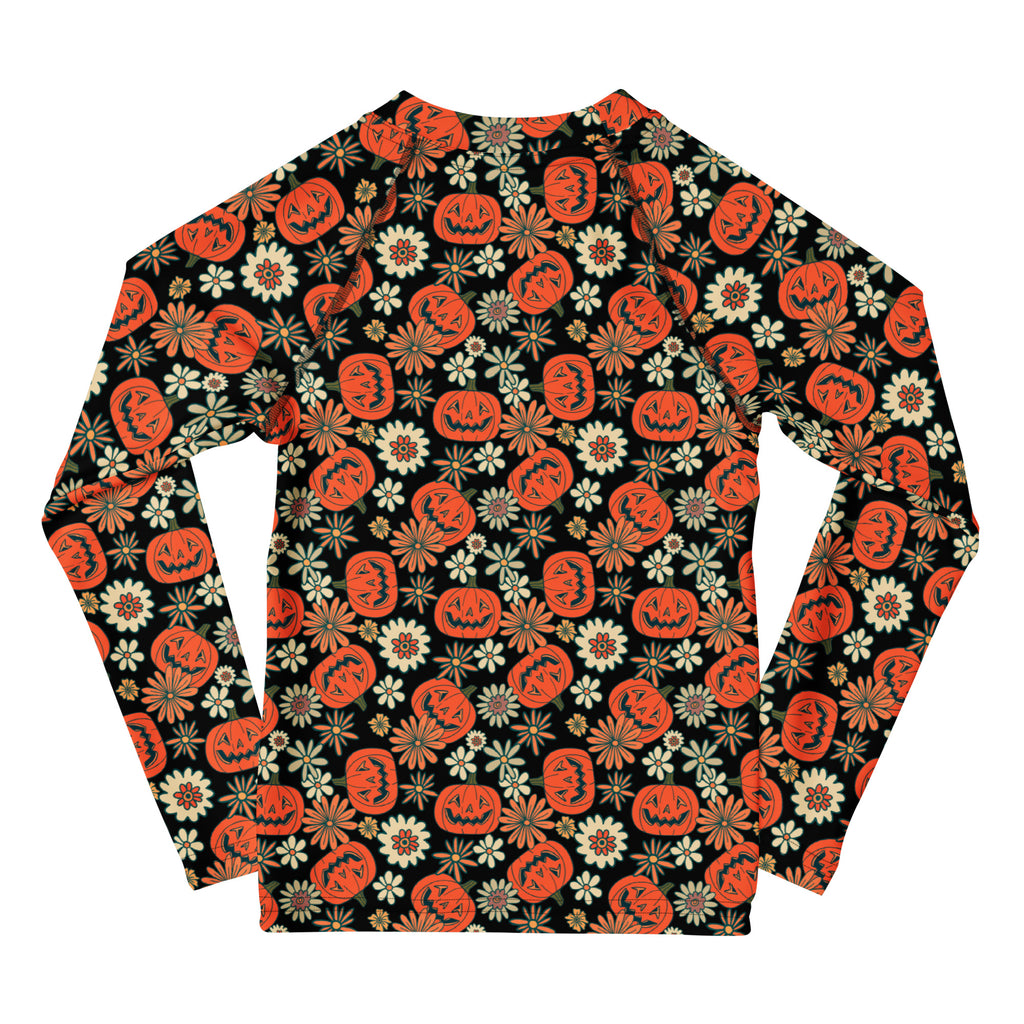 Kids Vintage Halloween Pumpkin Floral Long Sleeve Rash Guard Swim Shirt – Buttery Soft, Sun Safe UPF 50+ Protection, Quick Dry & 4-Way Stretch Comfort