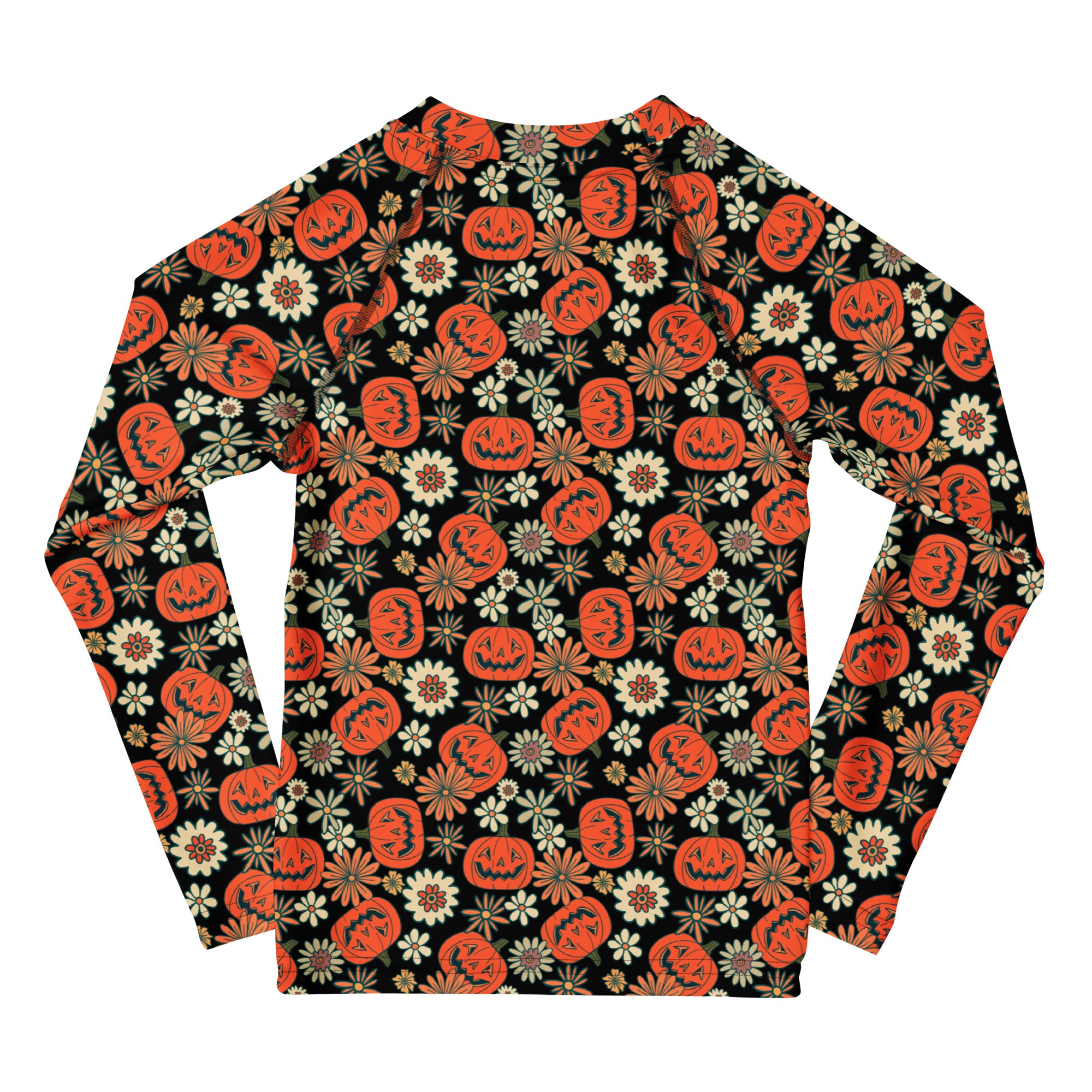 Kids Vintage Halloween Pumpkin Floral Long Sleeve Rash Guard Swim Shirt – Buttery Soft, Sun Safe UPF 50+ Protection, Quick Dry & 4-Way Stretch Comfort