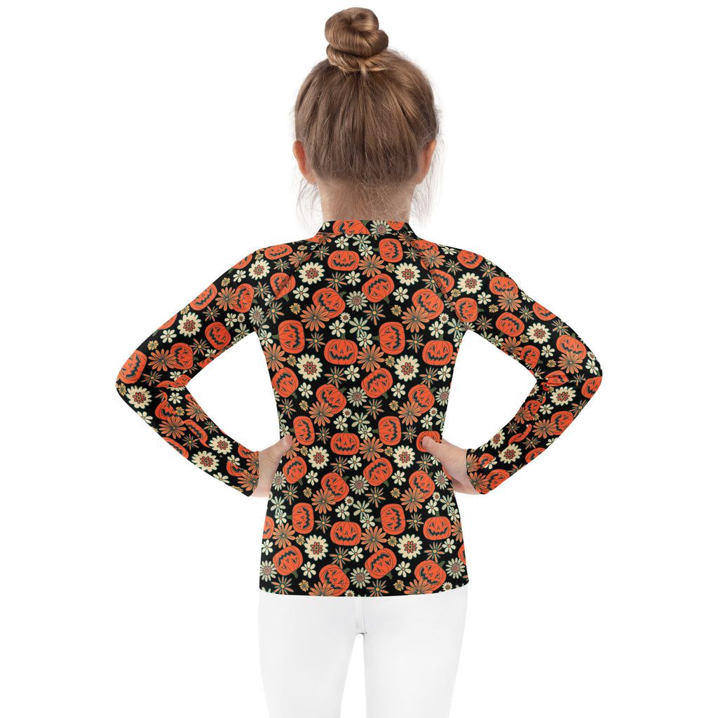 Kids Vintage Halloween Pumpkin Floral Long Sleeve Rash Guard Swim Shirt – Buttery Soft, Sun Safe UPF 50+ Protection, Quick Dry & 4-Way Stretch Comfort