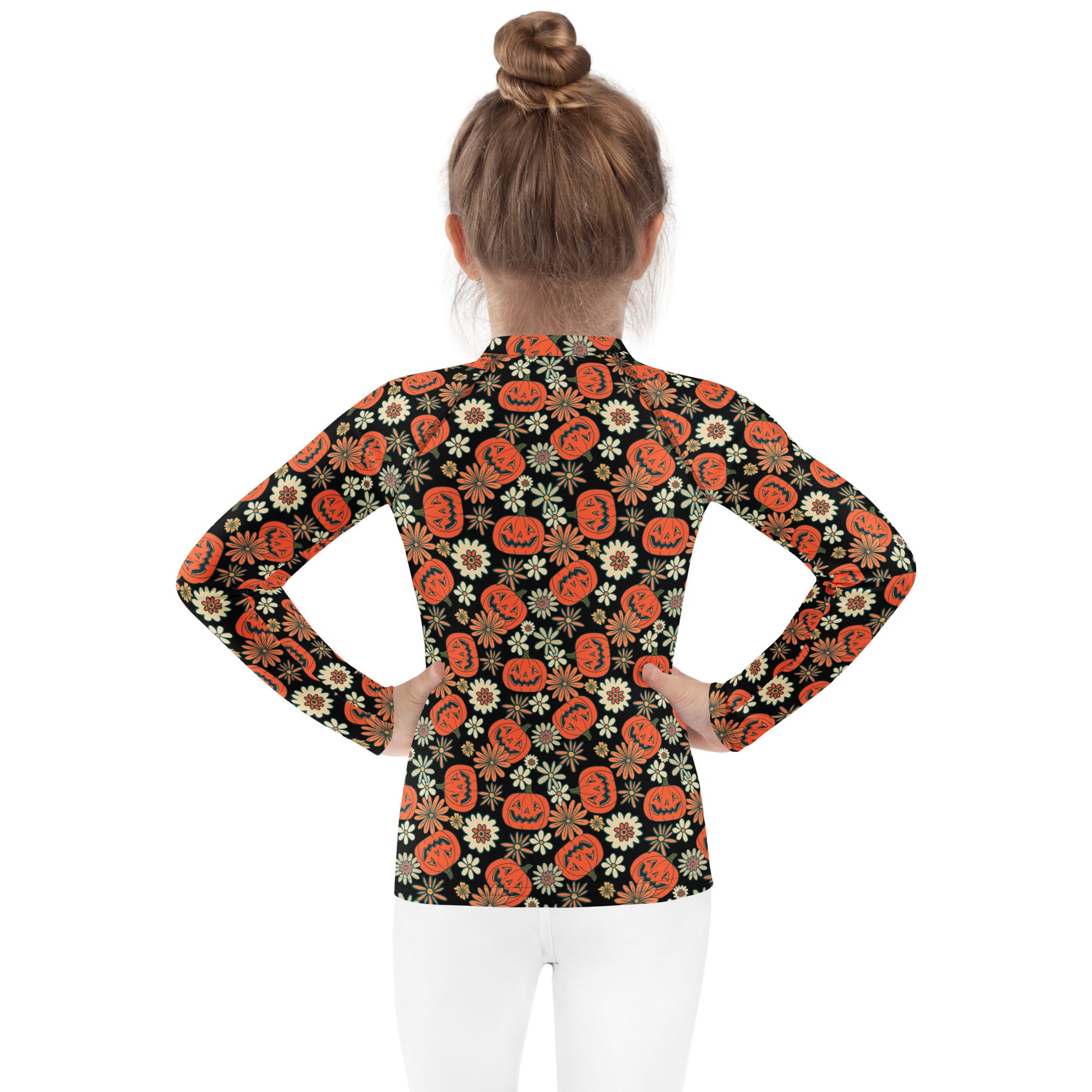 Kids Vintage Halloween Pumpkin Floral Long Sleeve Rash Guard Swim Shirt – Buttery Soft, Sun Safe UPF 50+ Protection, Quick Dry & 4-Way Stretch Comfort