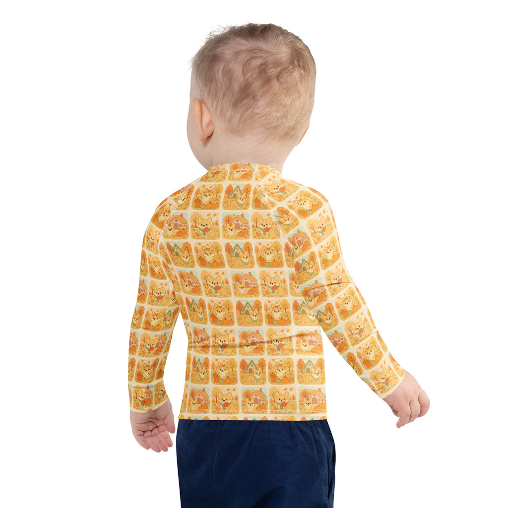 Kids Fall Corgi Long Sleeve Rash Guard Swim Shirt – Buttery Soft, Sun Safe UPF 50+ Protection, Quick Dry & 4-Way Stretch Comfort