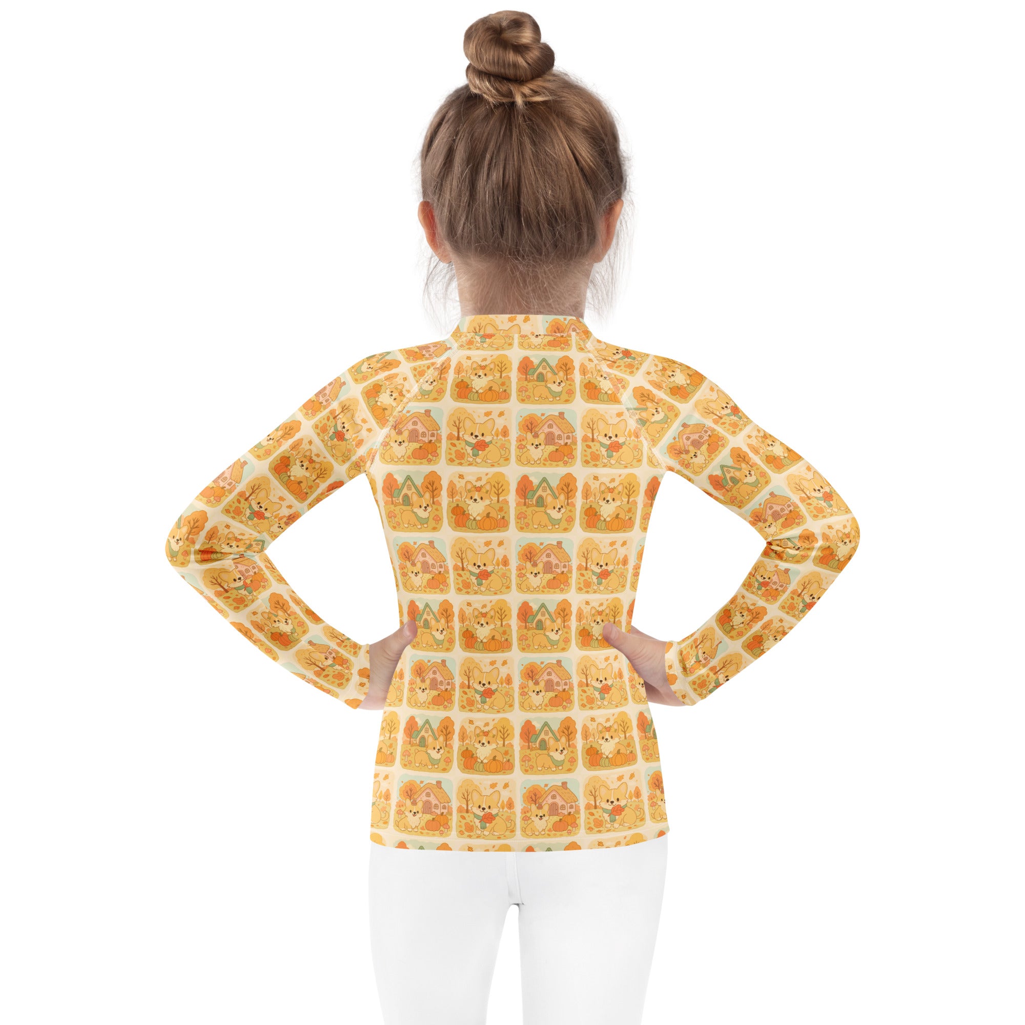 Kids Fall Corgi Long Sleeve Rash Guard Swim Shirt – Buttery Soft, Sun Safe UPF 50+ Protection, Quick Dry & 4-Way Stretch Comfort