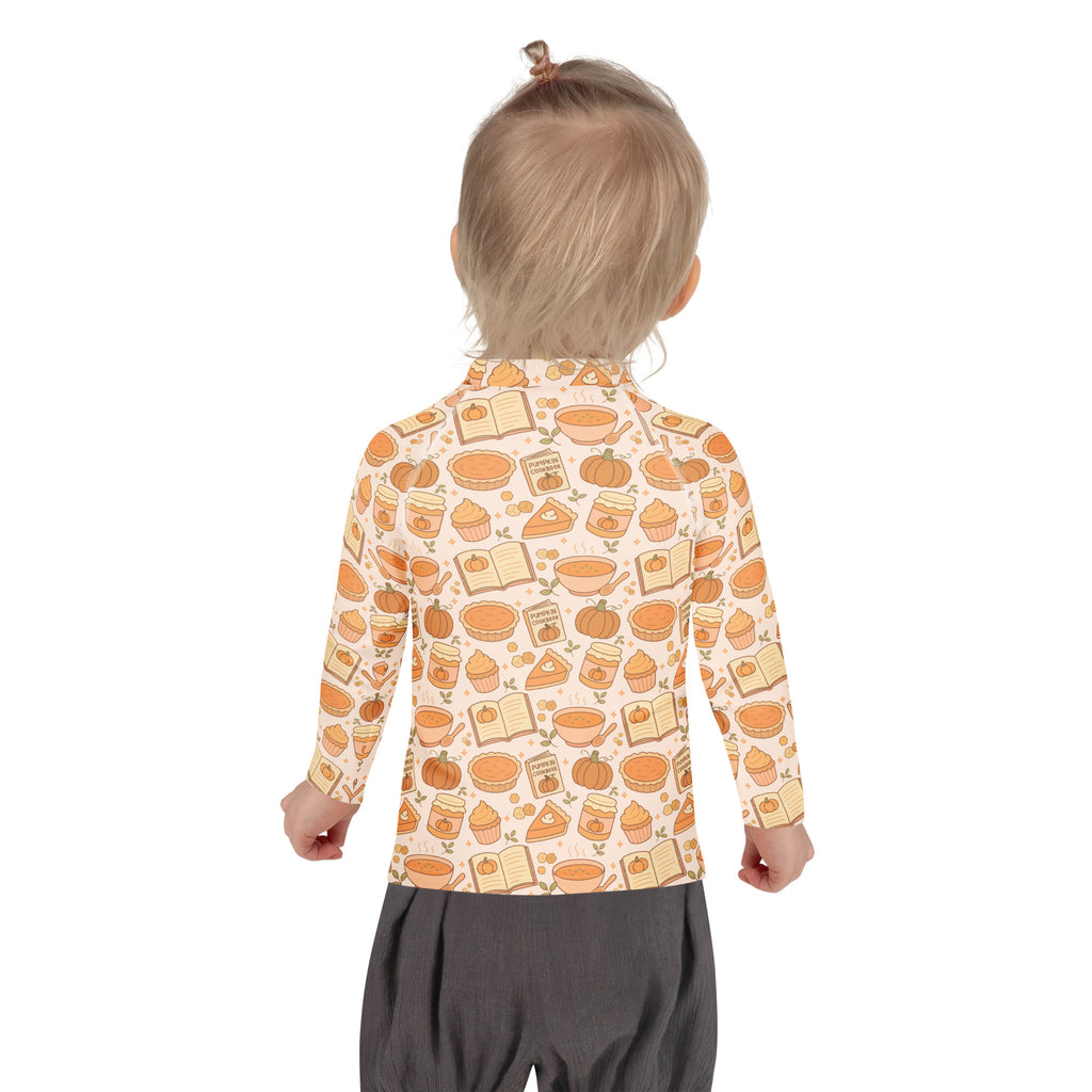 Kids Pumpkin Pie Themed Long Sleeve Rash Guard Swim Shirt – Buttery Soft, Sun Safe UPF 50+ Protection, Quick Dry & 4-Way Stretch Comfort