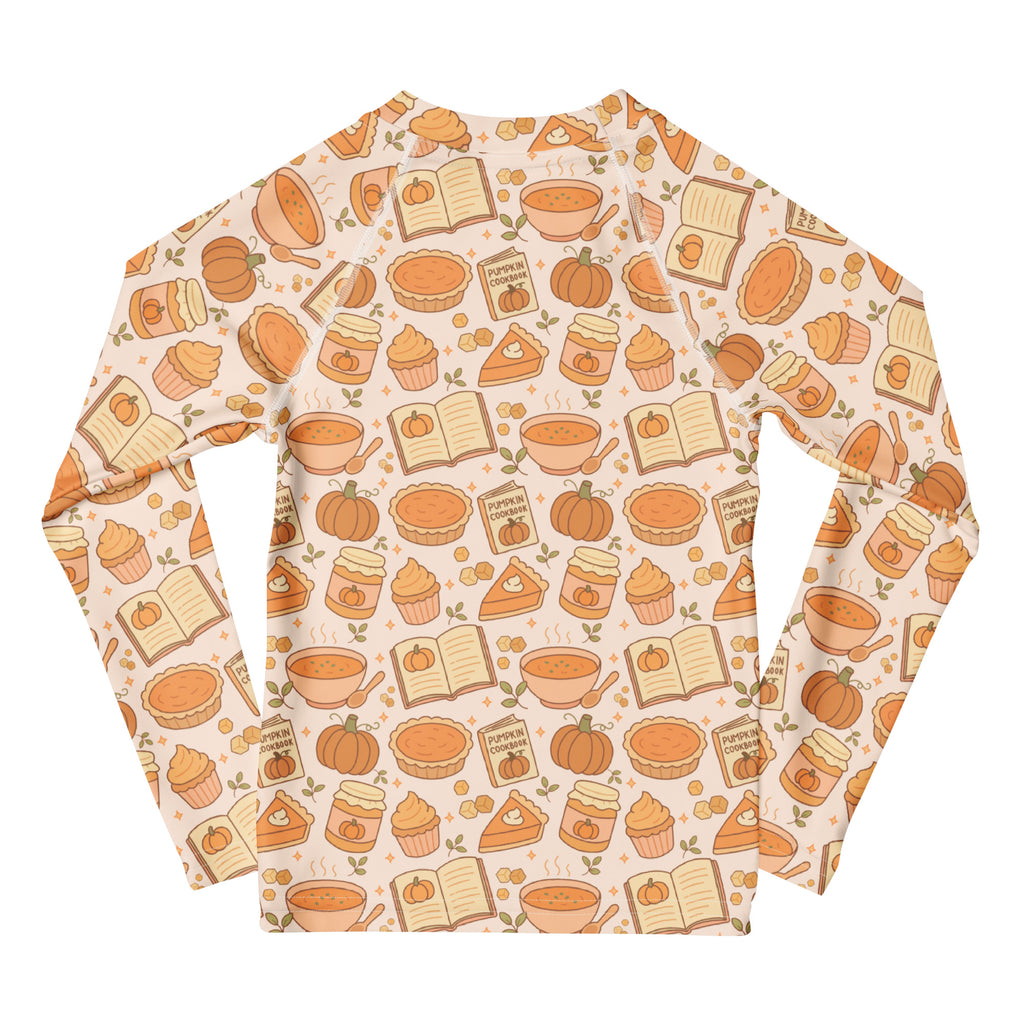 Kids Pumpkin Pie Themed Long Sleeve Rash Guard Swim Shirt – Buttery Soft, Sun Safe UPF 50+ Protection, Quick Dry & 4-Way Stretch Comfort