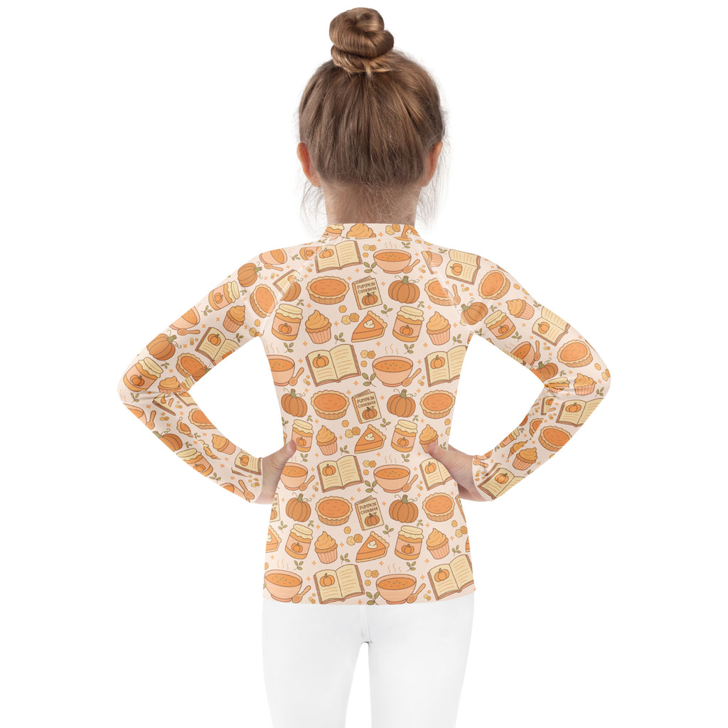 Kids Pumpkin Pie Themed Long Sleeve Rash Guard Swim Shirt – Buttery Soft, Sun Safe UPF 50+ Protection, Quick Dry & 4-Way Stretch Comfort