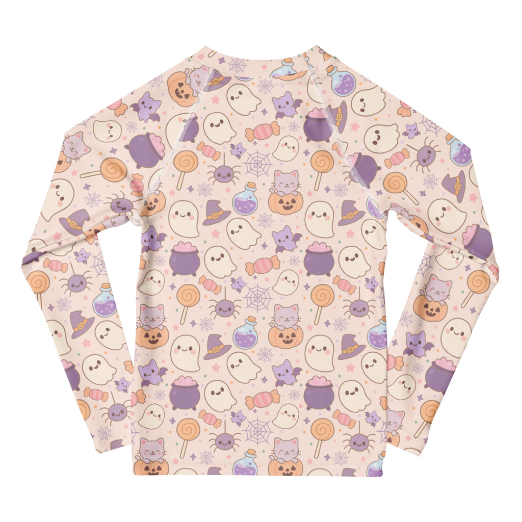 Girls Pastel Halloween Long Sleeve Rash Guard Swim Shirt – Buttery Soft, Sun Safe UPF 50+ Protection, Quick Dry & 4-Way Stretch Comfort