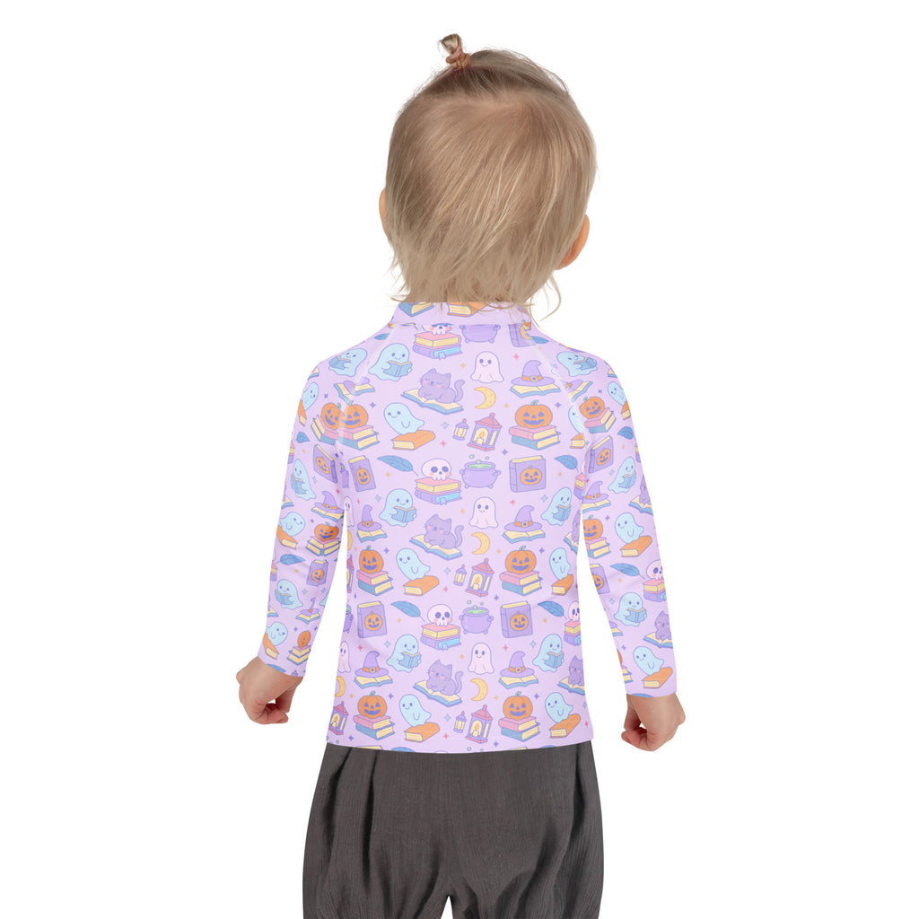Girls Kawaii Halloween Book Lover Long Sleeve Rash Guard Swim Shirt – Buttery Soft, Sun Safe UPF 50+ Protection, Quick Dry & 4-Way Stretch Comfort