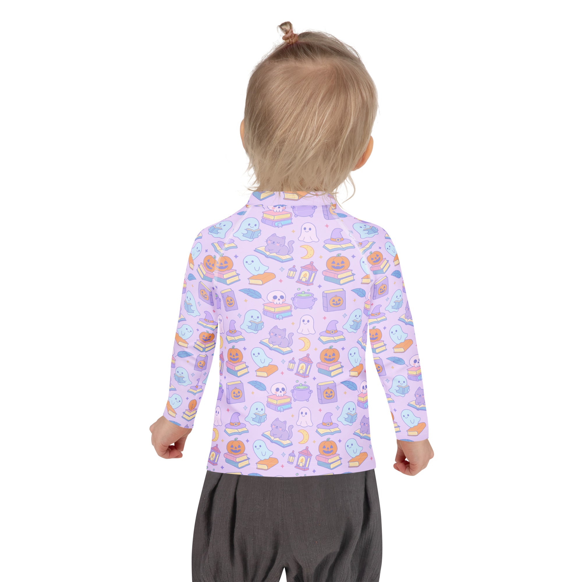 Girls Kawaii Halloween Book Lover Long Sleeve Rash Guard Swim Shirt – Buttery Soft, Sun Safe UPF 50+ Protection, Quick Dry & 4-Way Stretch Comfort