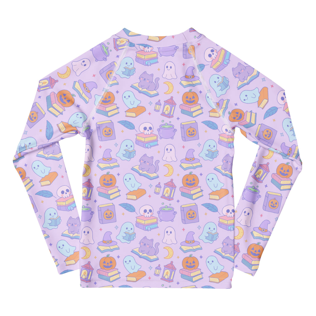 Girls Kawaii Halloween Book Lover Long Sleeve Rash Guard Swim Shirt – Buttery Soft, Sun Safe UPF 50+ Protection, Quick Dry & 4-Way Stretch Comfort