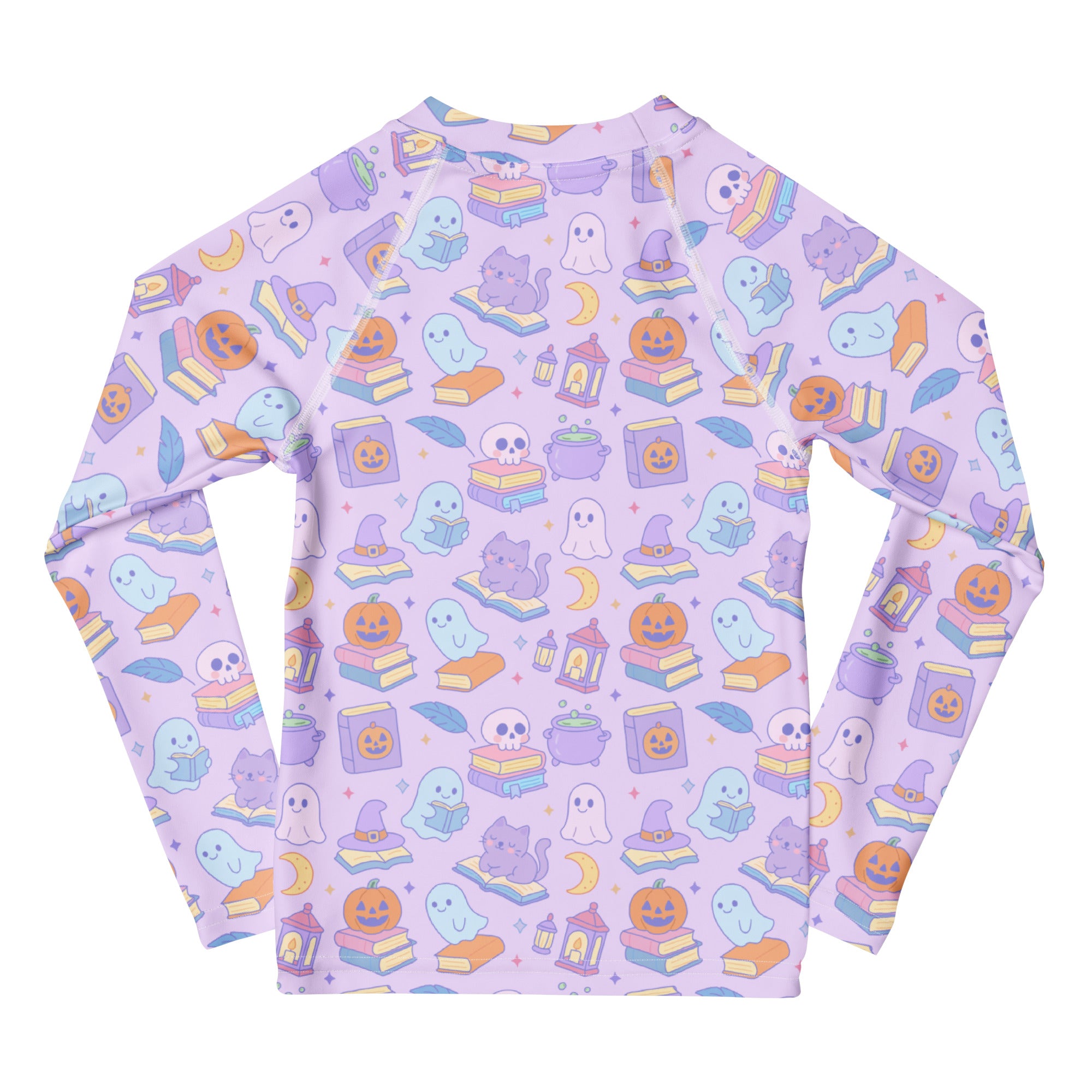 Girls Kawaii Halloween Book Lover Long Sleeve Rash Guard Swim Shirt – Buttery Soft, Sun Safe UPF 50+ Protection, Quick Dry & 4-Way Stretch Comfort
