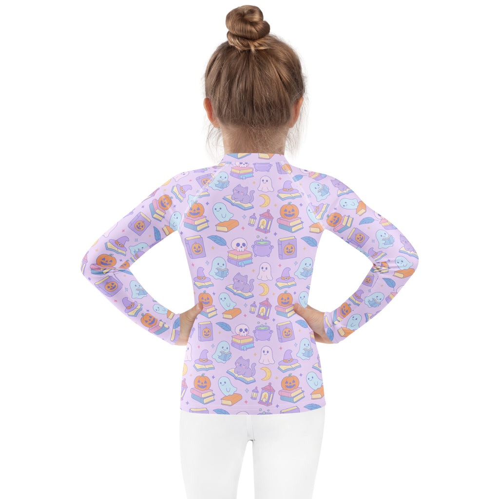 Girls Kawaii Halloween Book Lover Long Sleeve Rash Guard Swim Shirt – Buttery Soft, Sun Safe UPF 50+ Protection, Quick Dry & 4-Way Stretch Comfort