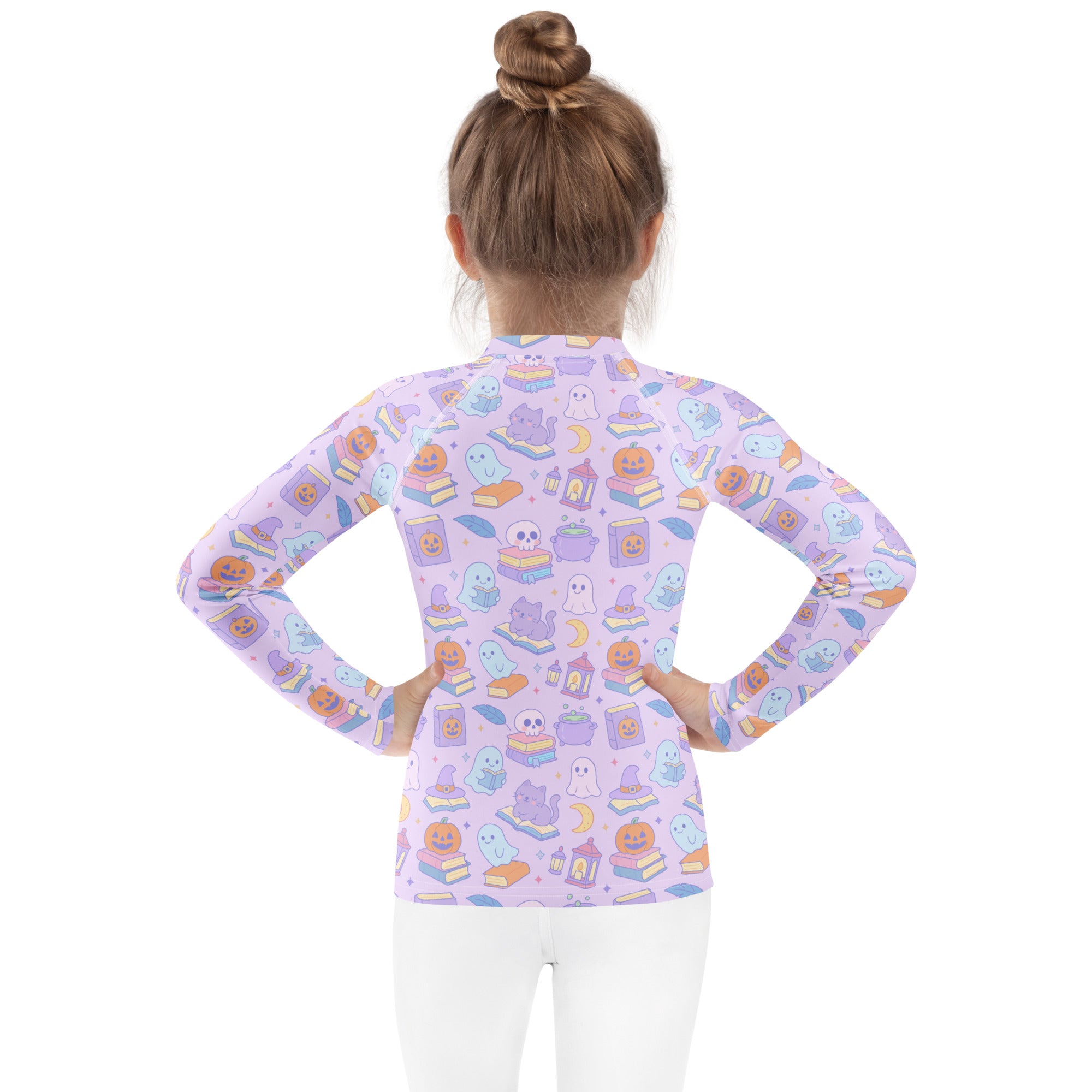 Girls Kawaii Halloween Book Lover Long Sleeve Rash Guard Swim Shirt – Buttery Soft, Sun Safe UPF 50+ Protection, Quick Dry & 4-Way Stretch Comfort