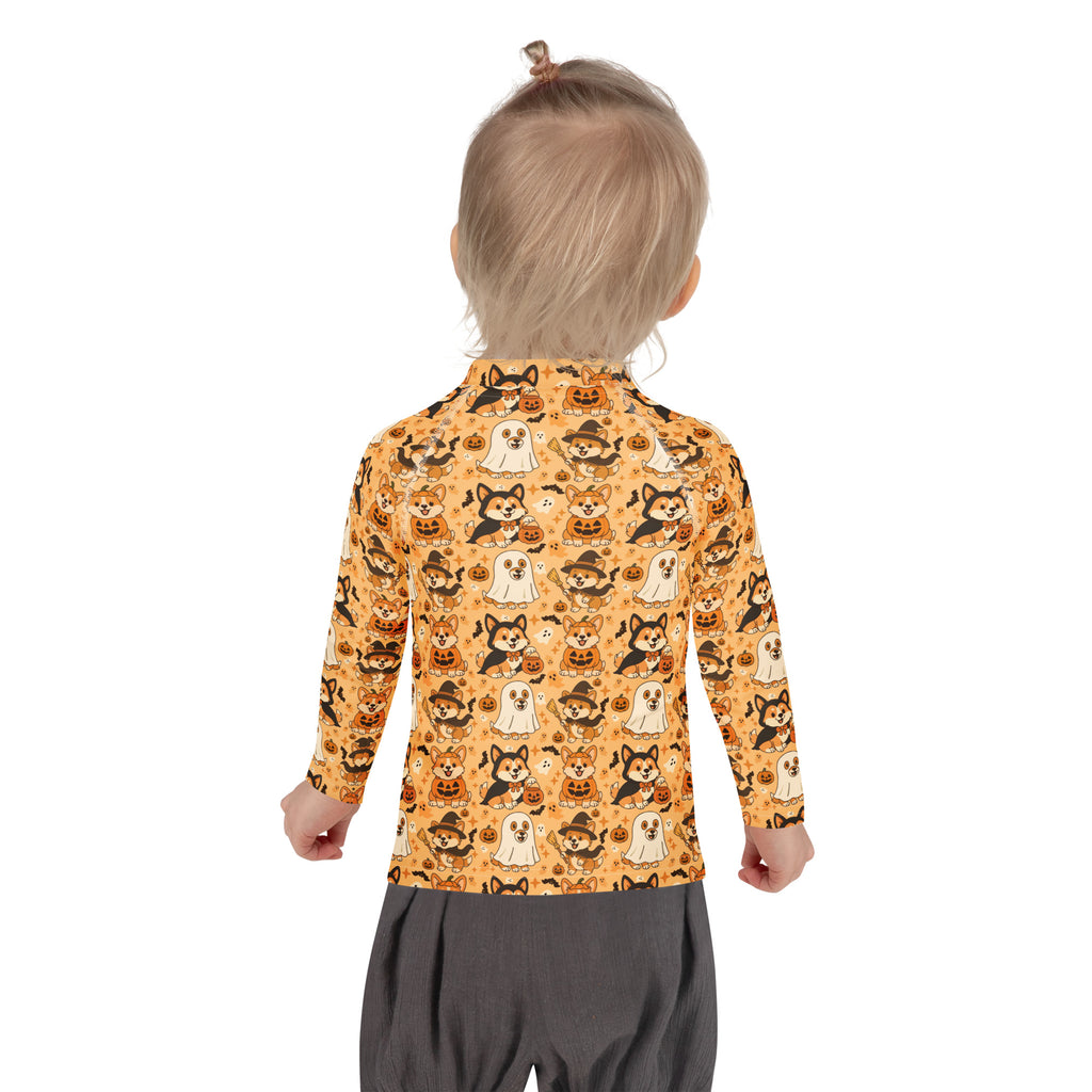 Kids Halloween Corgis Long Sleeve Rash Guard Swim Shirt – Buttery Soft, Sun Safe UPF 50+ Protection, Quick Dry & 4-Way Stretch Comfort