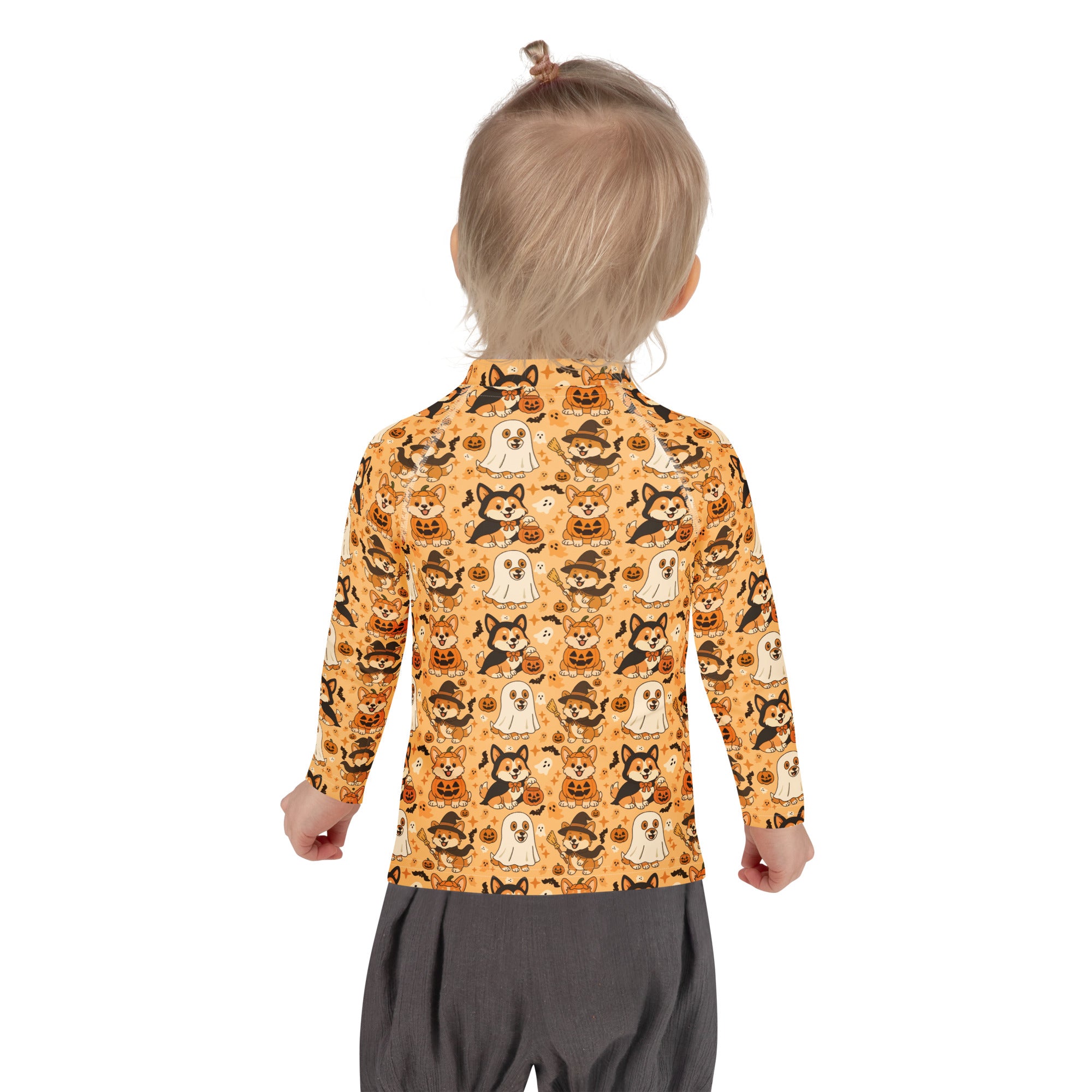 Kids Halloween Corgis Long Sleeve Rash Guard Swim Shirt – Buttery Soft, Sun Safe UPF 50+ Protection, Quick Dry & 4-Way Stretch Comfort