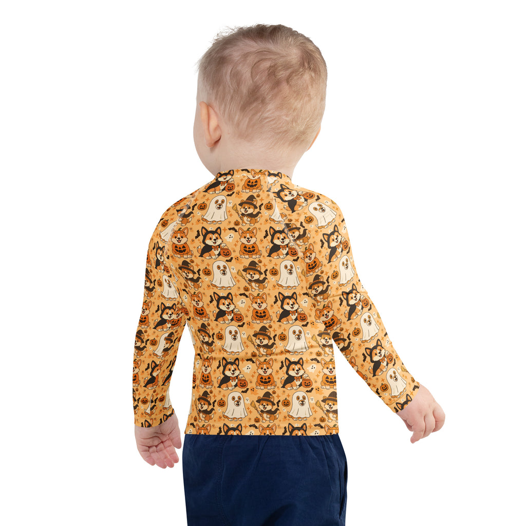Kids Halloween Corgis Long Sleeve Rash Guard Swim Shirt – Buttery Soft, Sun Safe UPF 50+ Protection, Quick Dry & 4-Way Stretch Comfort