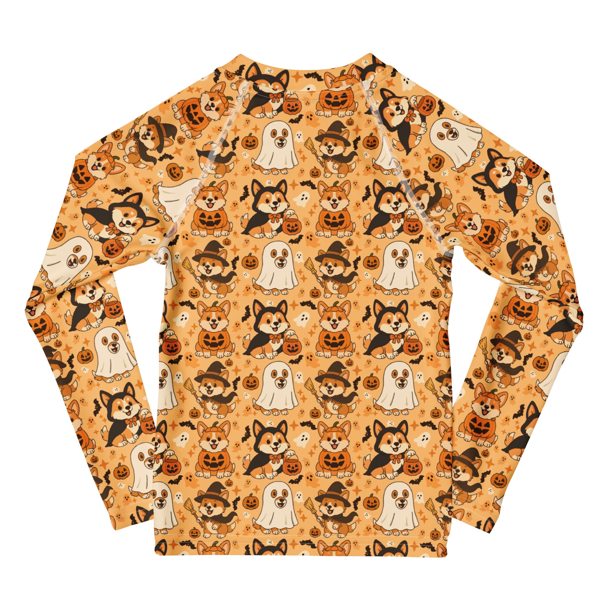 Kids Halloween Corgis Long Sleeve Rash Guard Swim Shirt – Buttery Soft, Sun Safe UPF 50+ Protection, Quick Dry & 4-Way Stretch Comfort