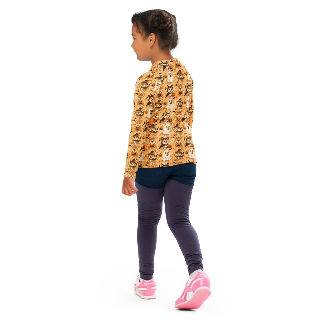 Kids Halloween Corgis Long Sleeve Rash Guard Swim Shirt – Buttery Soft, Sun Safe UPF 50+ Protection, Quick Dry & 4-Way Stretch Comfort