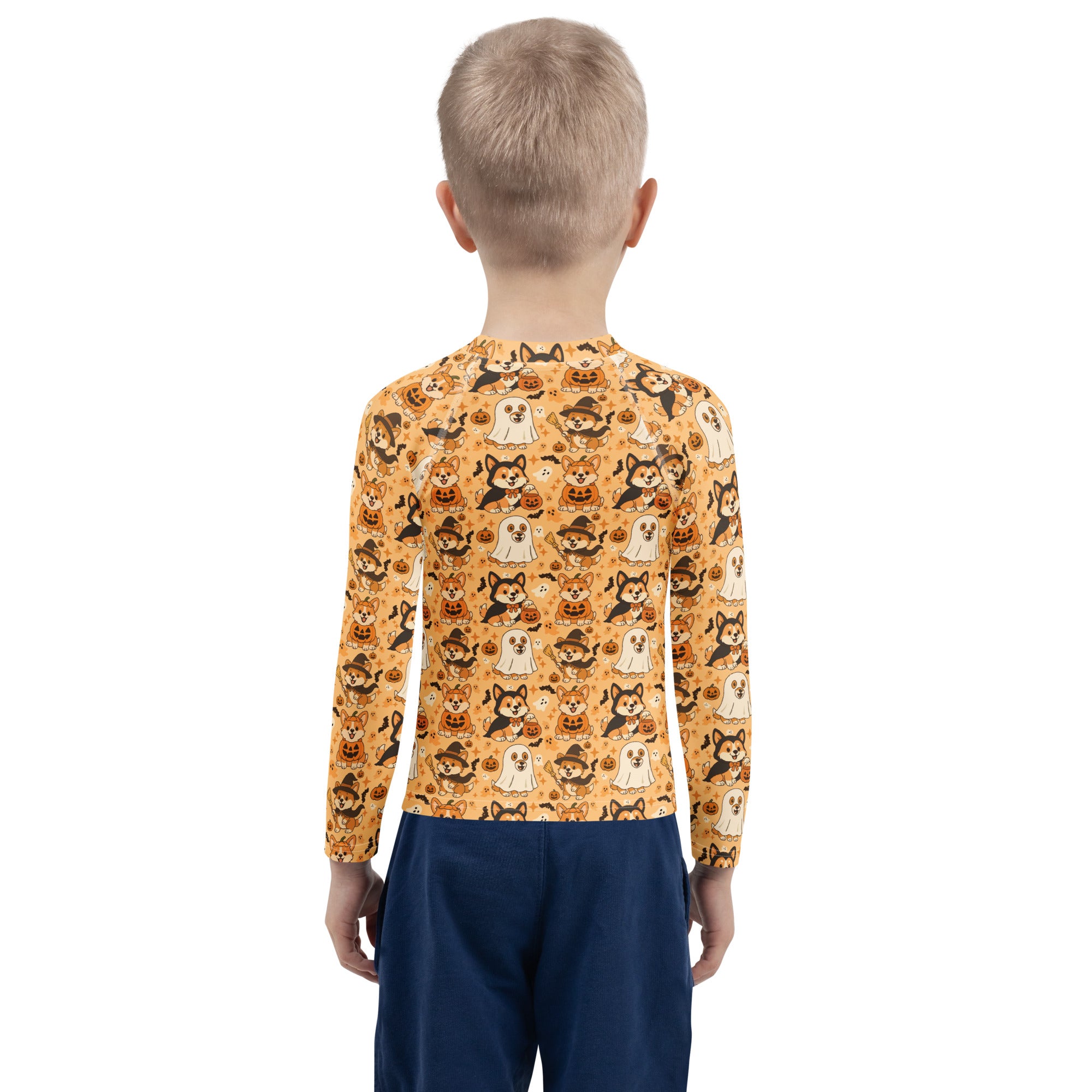 Kids Halloween Corgis Long Sleeve Rash Guard Swim Shirt – Buttery Soft, Sun Safe UPF 50+ Protection, Quick Dry & 4-Way Stretch Comfort