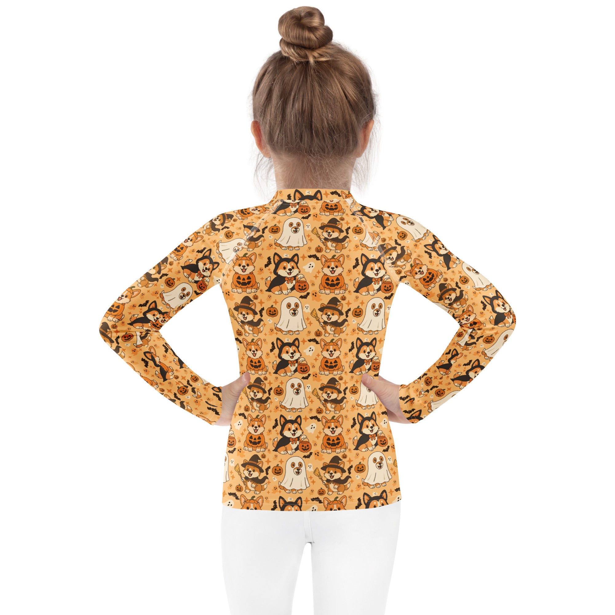 Kids Halloween Corgis Long Sleeve Rash Guard Swim Shirt – Buttery Soft, Sun Safe UPF 50+ Protection, Quick Dry & 4-Way Stretch Comfort