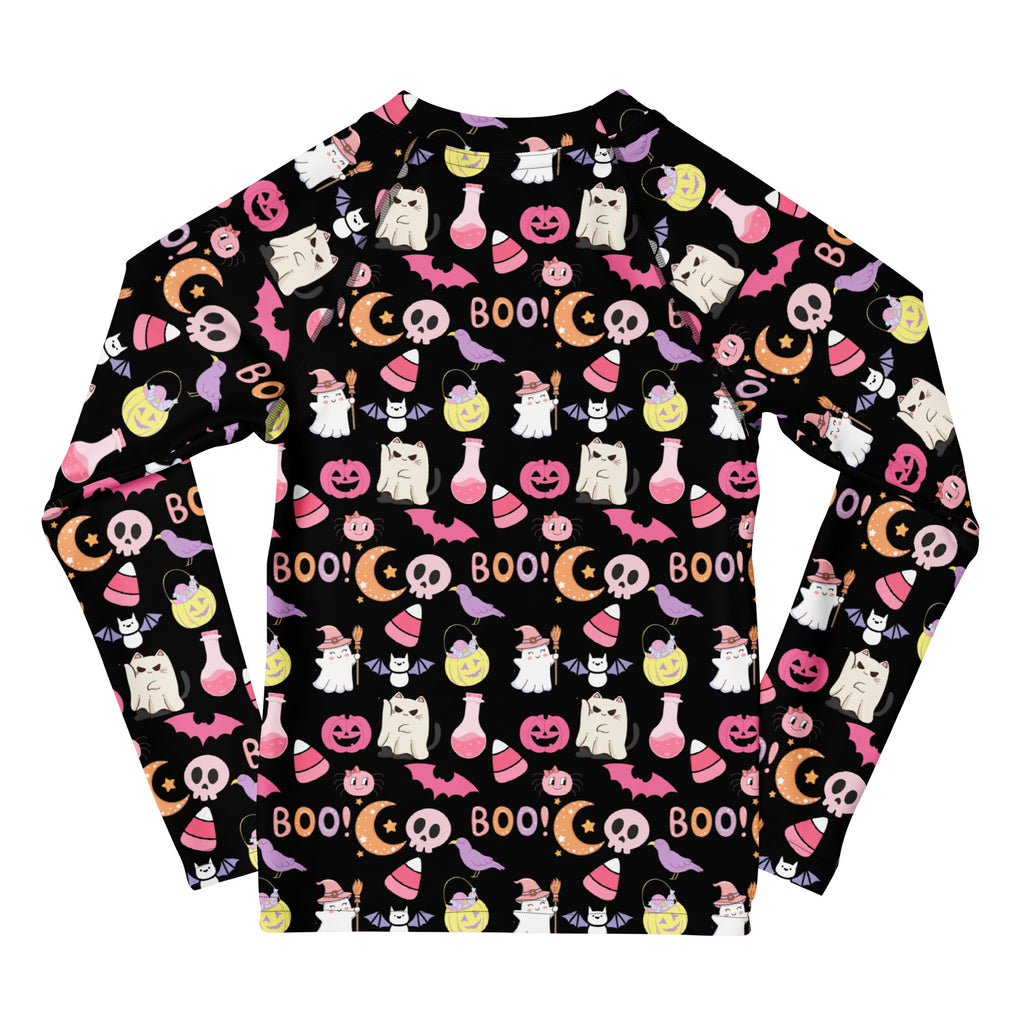Girls Cute Pink Halloween Long Sleeve Rash Guard Swim Shirt – Buttery Soft, Sun Safe UPF 50+ Protection, Quick Dry & 4-Way Stretch Comfort
