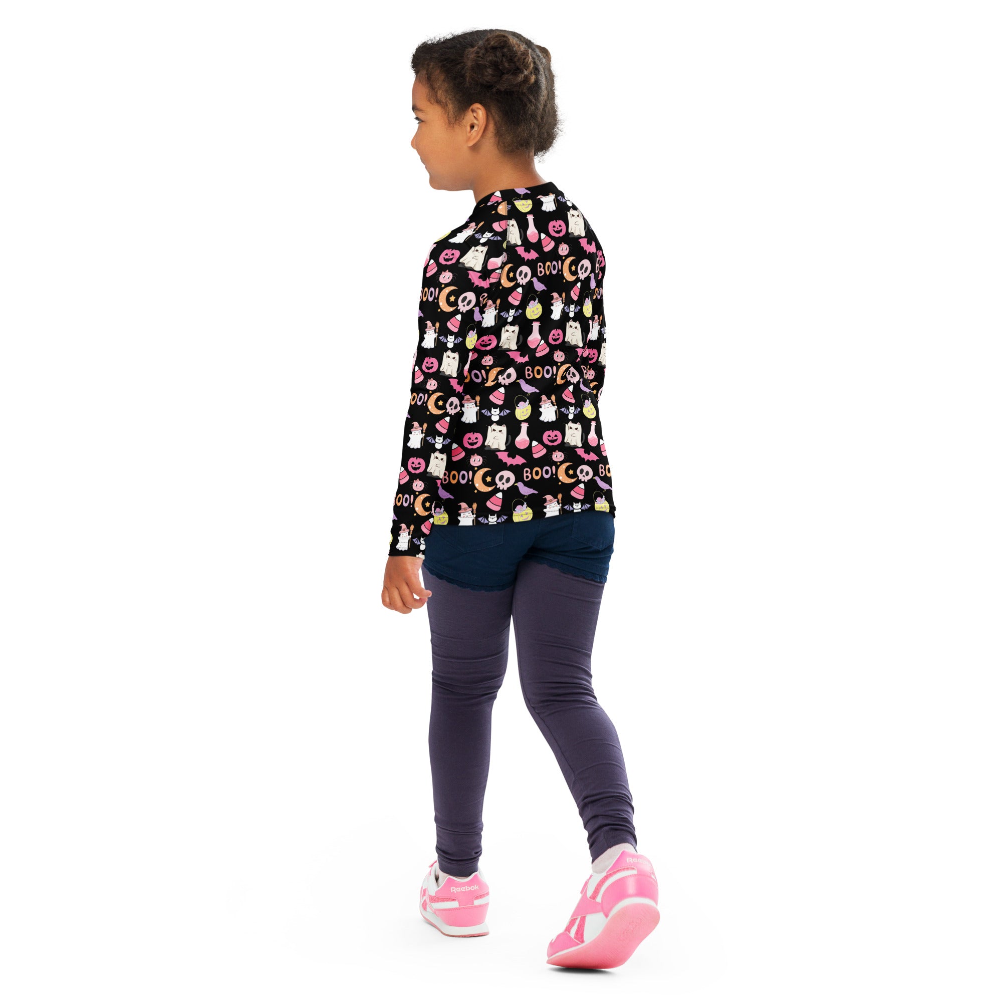 Girls Cute Pink Halloween Long Sleeve Rash Guard Swim Shirt – Buttery Soft, Sun Safe UPF 50+ Protection, Quick Dry & 4-Way Stretch Comfort