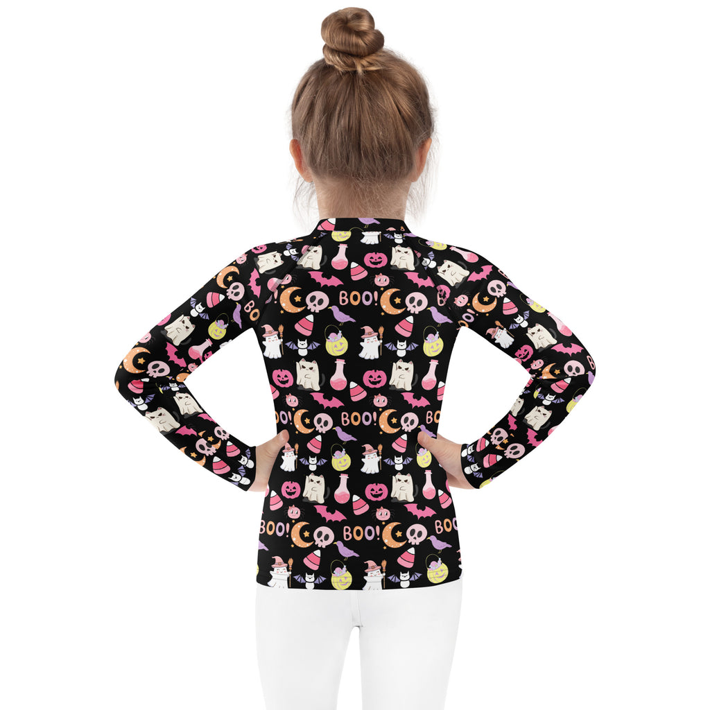 Girls Cute Pink Halloween Long Sleeve Rash Guard Swim Shirt – Buttery Soft, Sun Safe UPF 50+ Protection, Quick Dry & 4-Way Stretch Comfort
