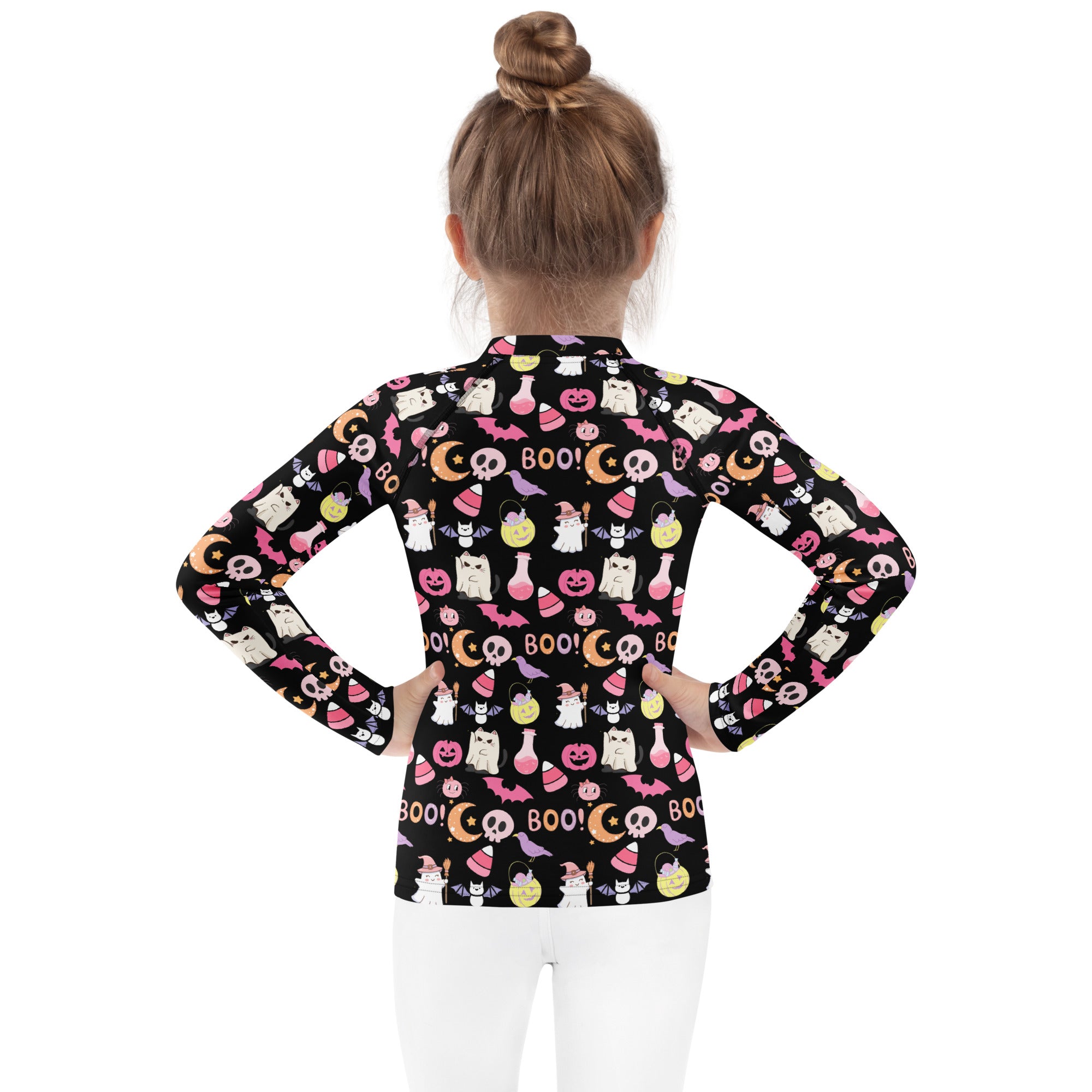 Girls Cute Pink Halloween Long Sleeve Rash Guard Swim Shirt – Buttery Soft, Sun Safe UPF 50+ Protection, Quick Dry & 4-Way Stretch Comfort