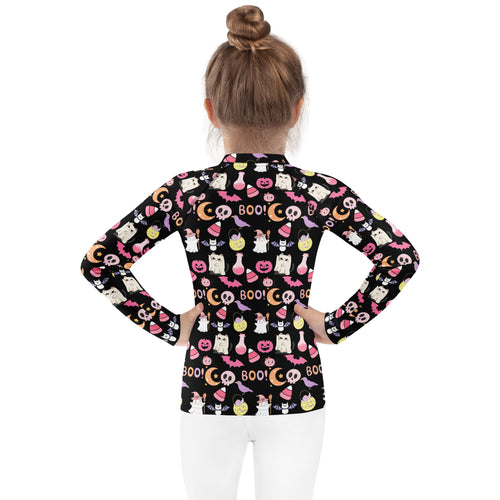 Girls Cute Pink Halloween Long Sleeve Rash Guard Swim Shirt – Buttery Soft, Sun Safe UPF 50+ Protection, Quick Dry & 4-Way Stretch Comfort