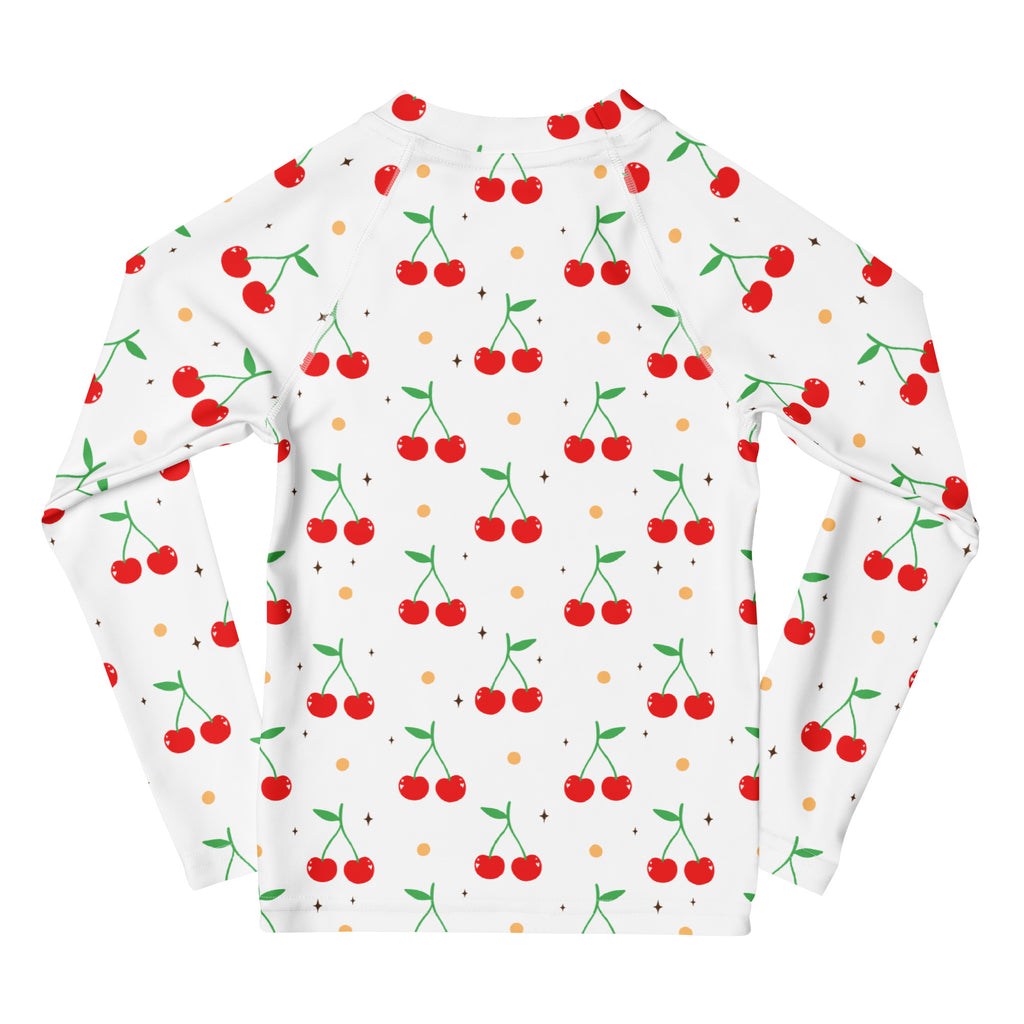 Kids Cute Cherry Long Sleeve Rash Guard Swim Shirt – Buttery Soft, Sun Safe UPF 50+ Protection, Quick Dry & 4-Way Stretch Comfort