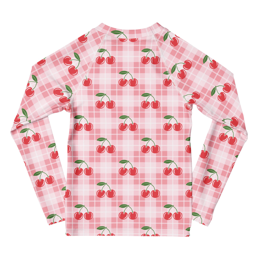 Girls Pink Plaid Cherry Long Sleeve Rash Guard Swim Shirt – Buttery Soft, Sun Safe UPF 50+ Protection, Quick Dry & 4-Way Stretch Comfort