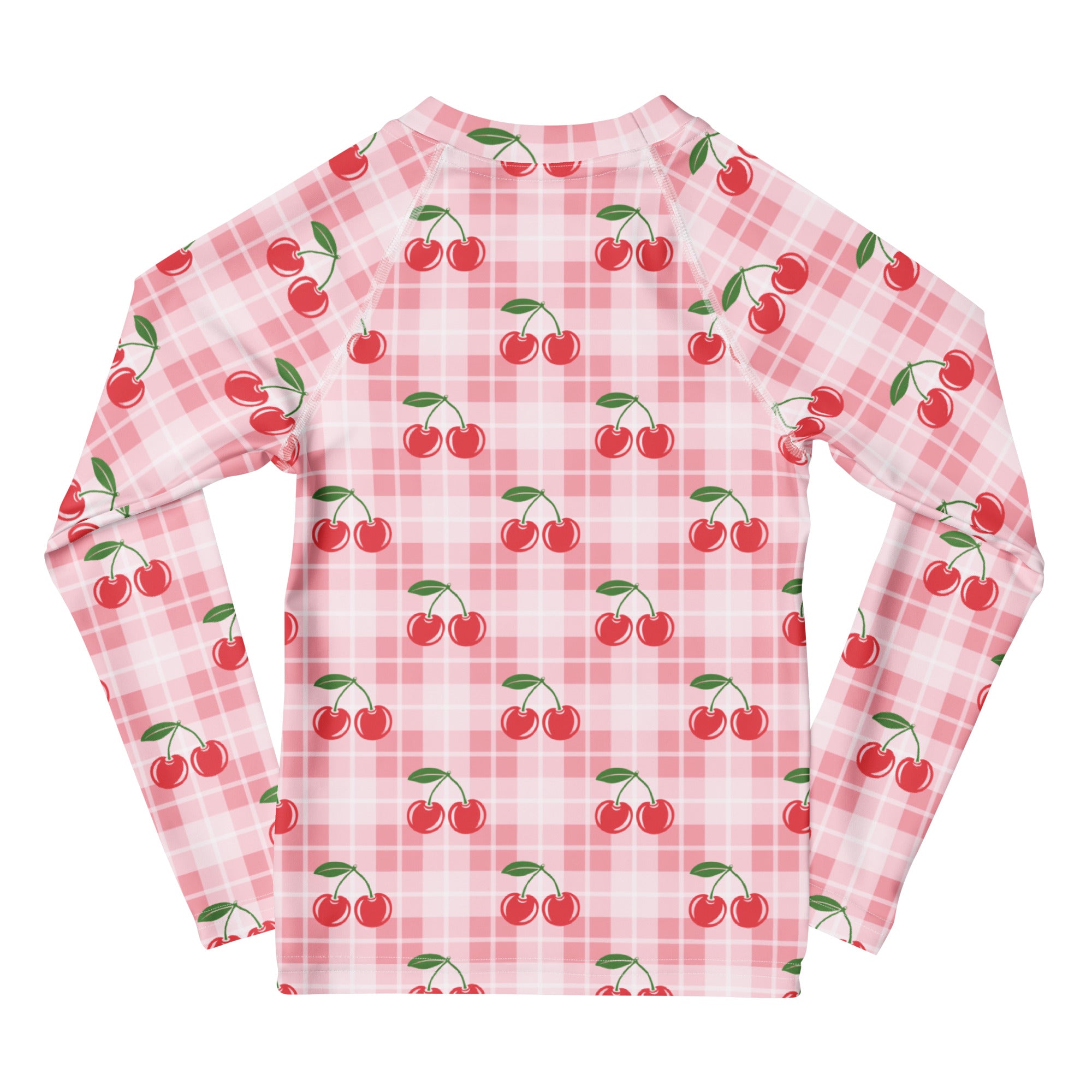 Girls Pink Plaid Cherry Long Sleeve Rash Guard Swim Shirt – Buttery Soft, Sun Safe UPF 50+ Protection, Quick Dry & 4-Way Stretch Comfort