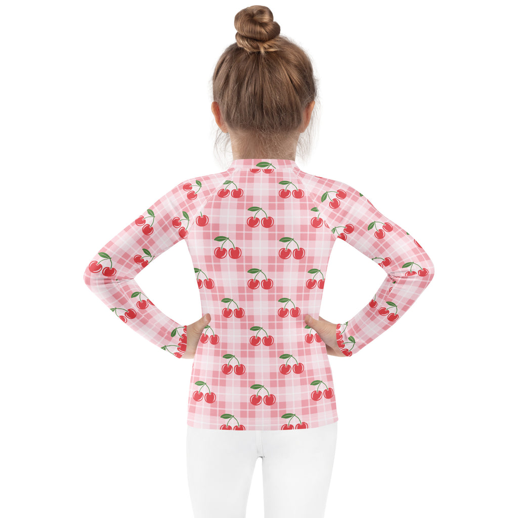 Girls Pink Plaid Cherry Long Sleeve Rash Guard Swim Shirt – Buttery Soft, Sun Safe UPF 50+ Protection, Quick Dry & 4-Way Stretch Comfort