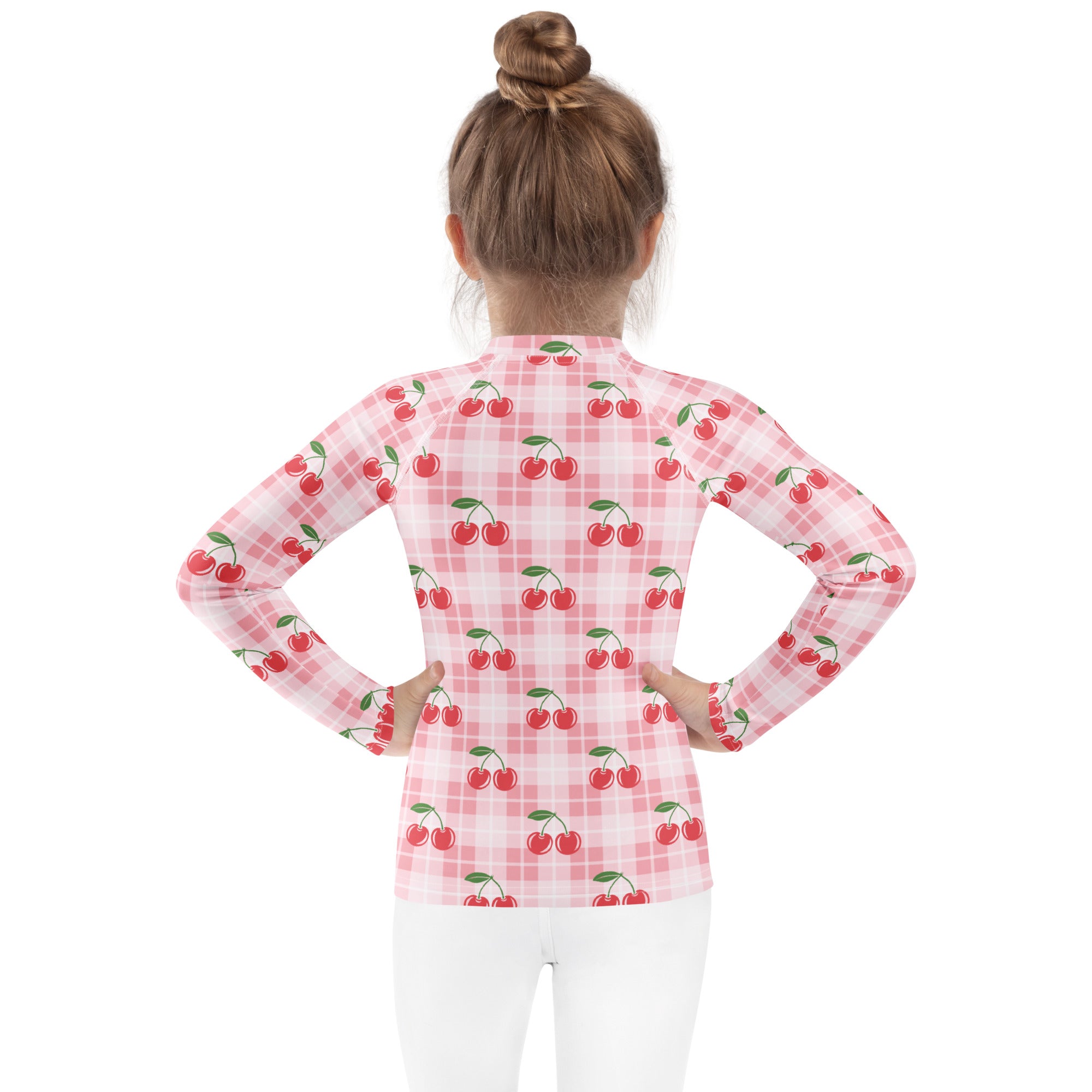 Girls Pink Plaid Cherry Long Sleeve Rash Guard Swim Shirt – Buttery Soft, Sun Safe UPF 50+ Protection, Quick Dry & 4-Way Stretch Comfort