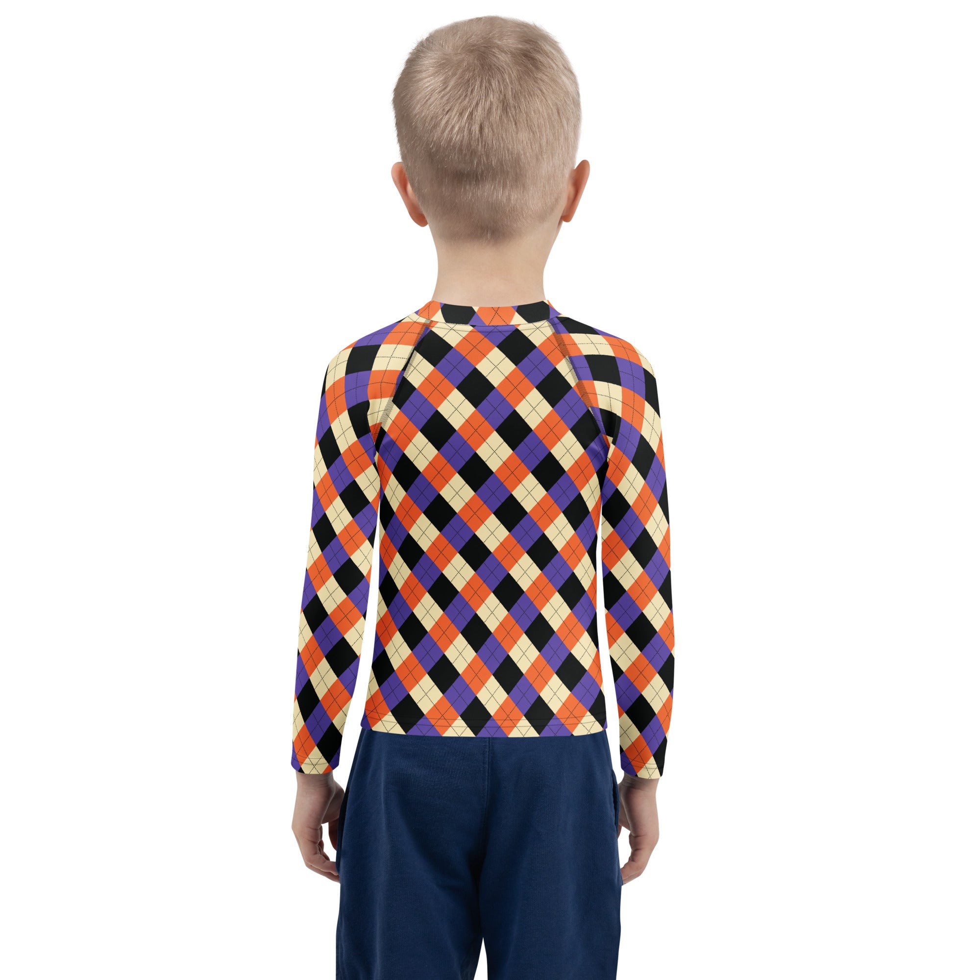 Kids Halloween Argyle Long Sleeve Rash Guard Swim Shirt – Buttery Soft, Sun Safe UPF 50+ Protection, Quick Dry & 4-Way Stretch Comfort