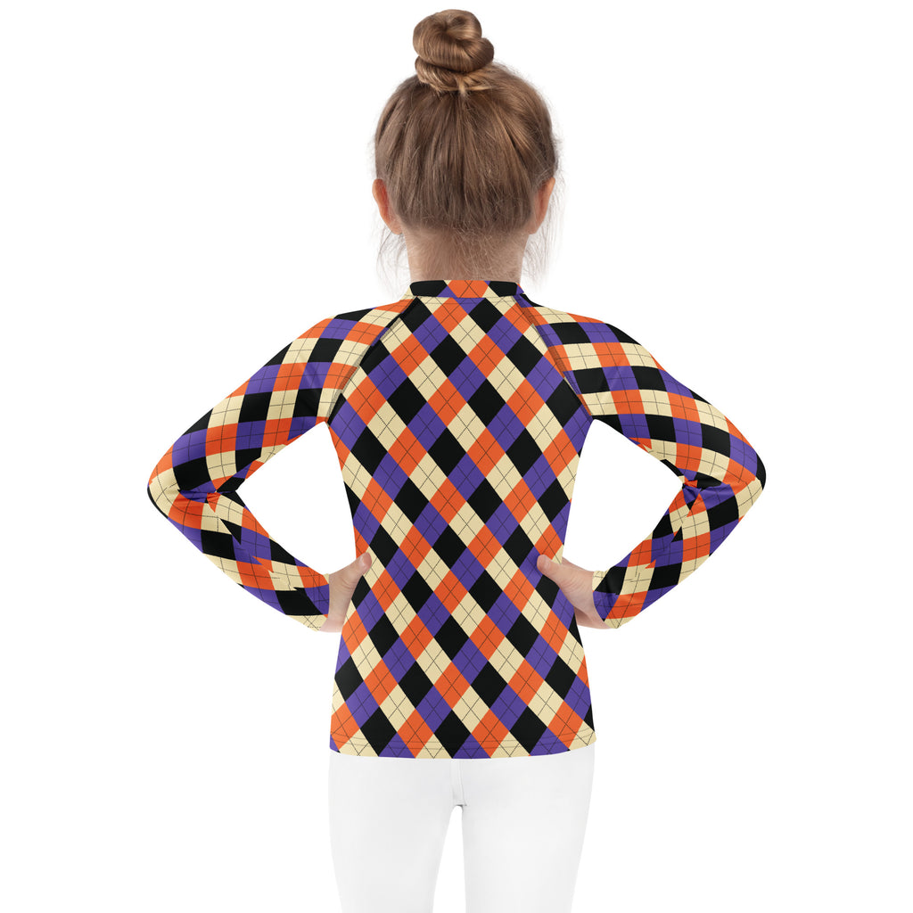Kids Halloween Argyle Long Sleeve Rash Guard Swim Shirt – Buttery Soft, Sun Safe UPF 50+ Protection, Quick Dry & 4-Way Stretch Comfort