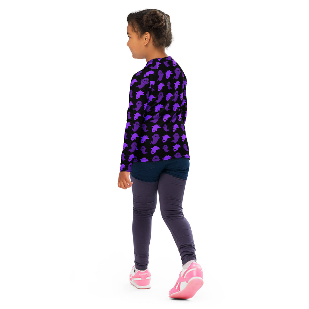 Girls Purple Ghost Long Sleeve Rash Guard Swim Shirt – Buttery Soft, Sun Safe UPF 50+ Protection, Quick Dry & 4-Way Stretch Comfort