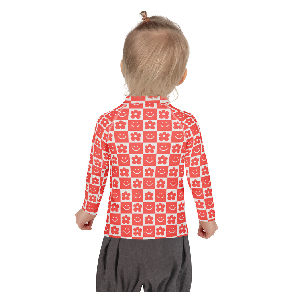 Girls Retro Smile Flower Checkerboard Long Sleeve Rash Guard Swim Shirt – Buttery Soft, Sun Safe UPF 50+ Protection, Quick Dry & 4-Way Stretch Comfort