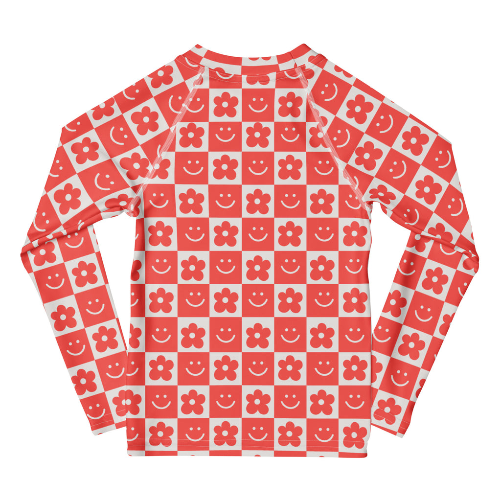 Girls Retro Smile Flower Checkerboard Long Sleeve Rash Guard Swim Shirt – Buttery Soft, Sun Safe UPF 50+ Protection, Quick Dry & 4-Way Stretch Comfort