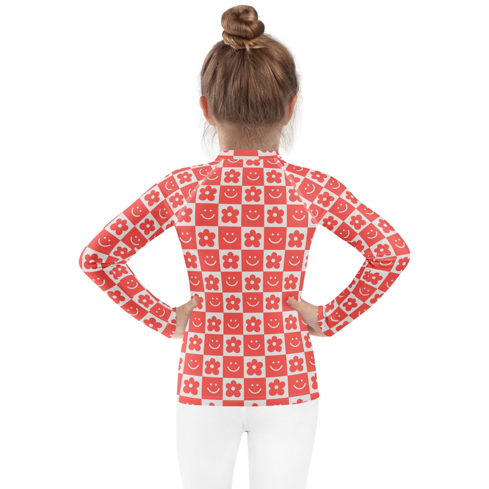 Girls Retro Smile Flower Checkerboard Long Sleeve Rash Guard Swim Shirt – Buttery Soft, Sun Safe UPF 50+ Protection, Quick Dry & 4-Way Stretch Comfort