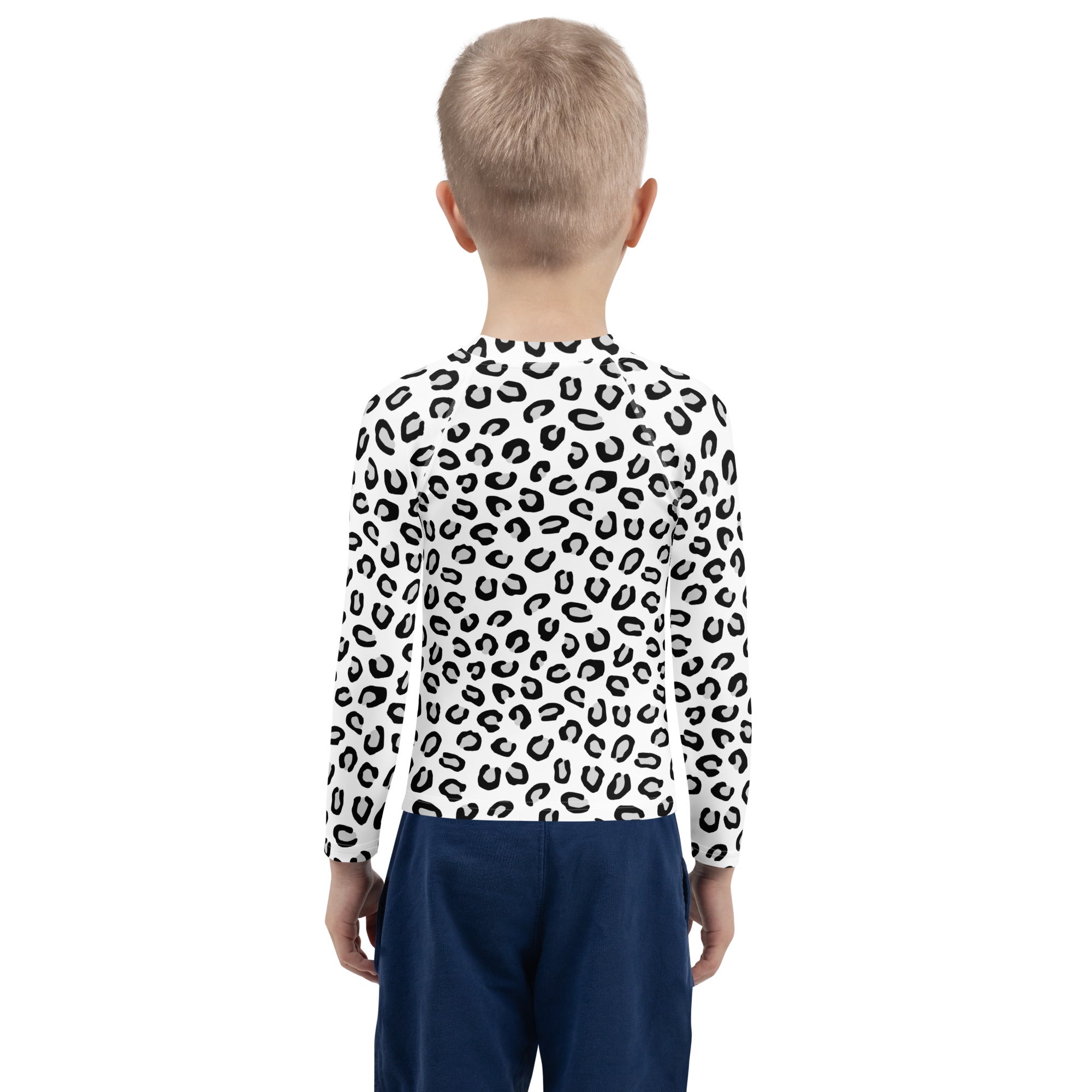 Kids Black & White Leopard Long Sleeve Rash Guard Swim Shirt – Buttery Soft, Sun Safe UPF 50+ Protection, Quick Dry & 4-Way Stretch Comfort