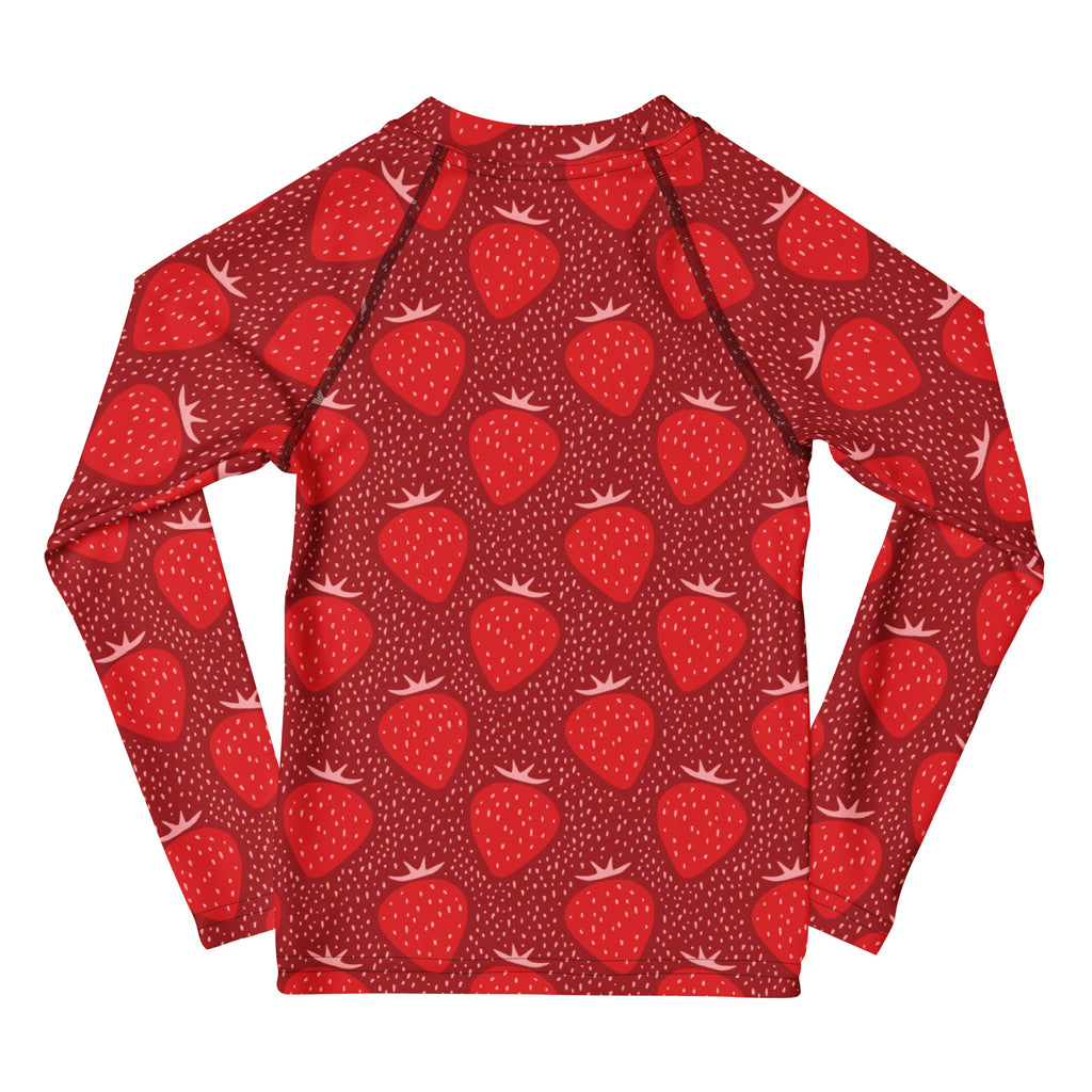 Kids Red Strawberry Long Sleeve Rash Guard Swim Shirt – Buttery Soft, Sun Safe UPF 50+ Protection, Quick Dry & 4-Way Stretch Comfort